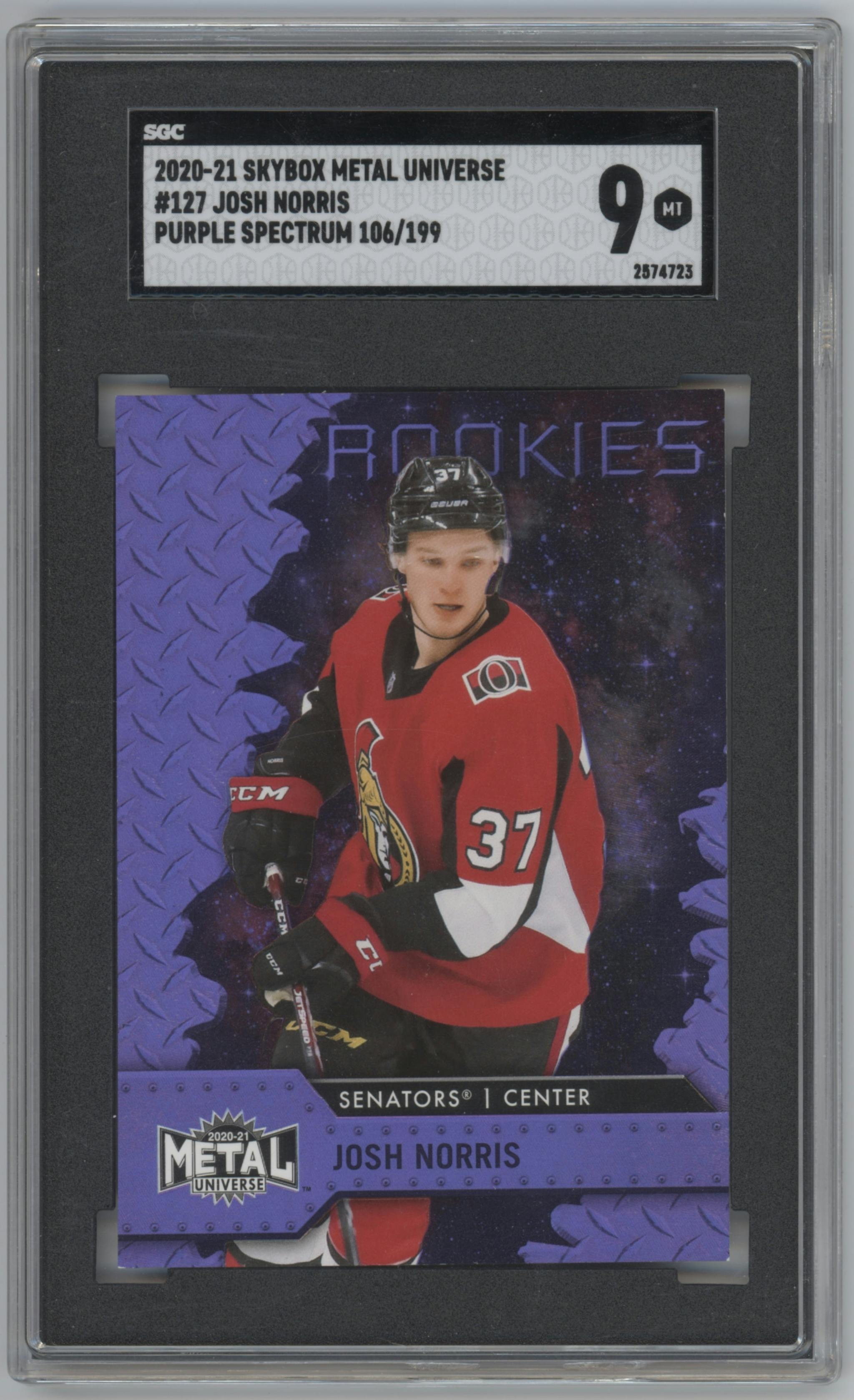 Josh Norris from the 2020-21 Skybox Metal Universe set featuring a Purple Spectrum parallel graded by SGC and given an overall grade of 9.