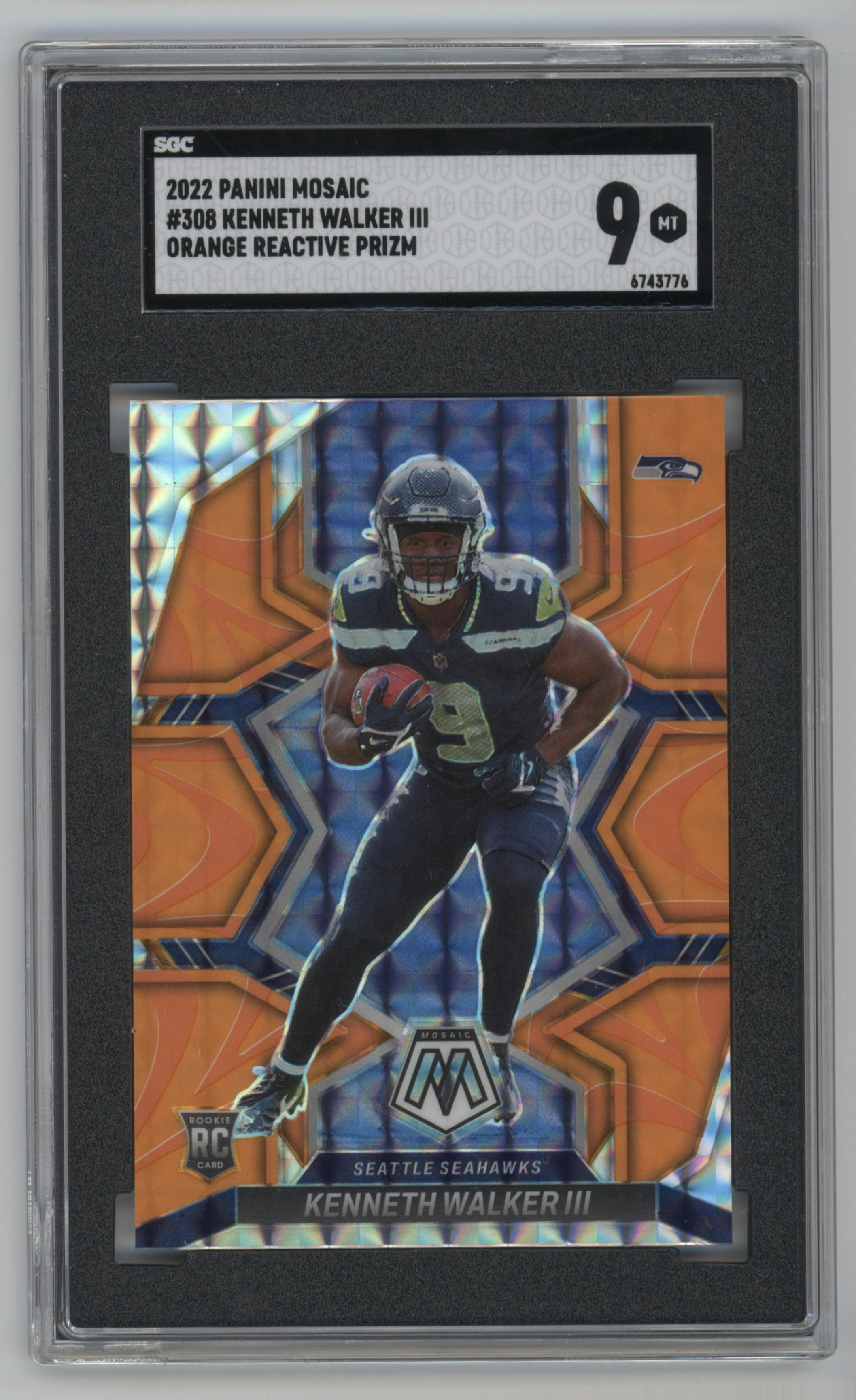 Kenneth Walker III from the 2022 Panini Mosaic set featuring a Reactive Orange parallel graded by SGC and given an overall grade of 9.