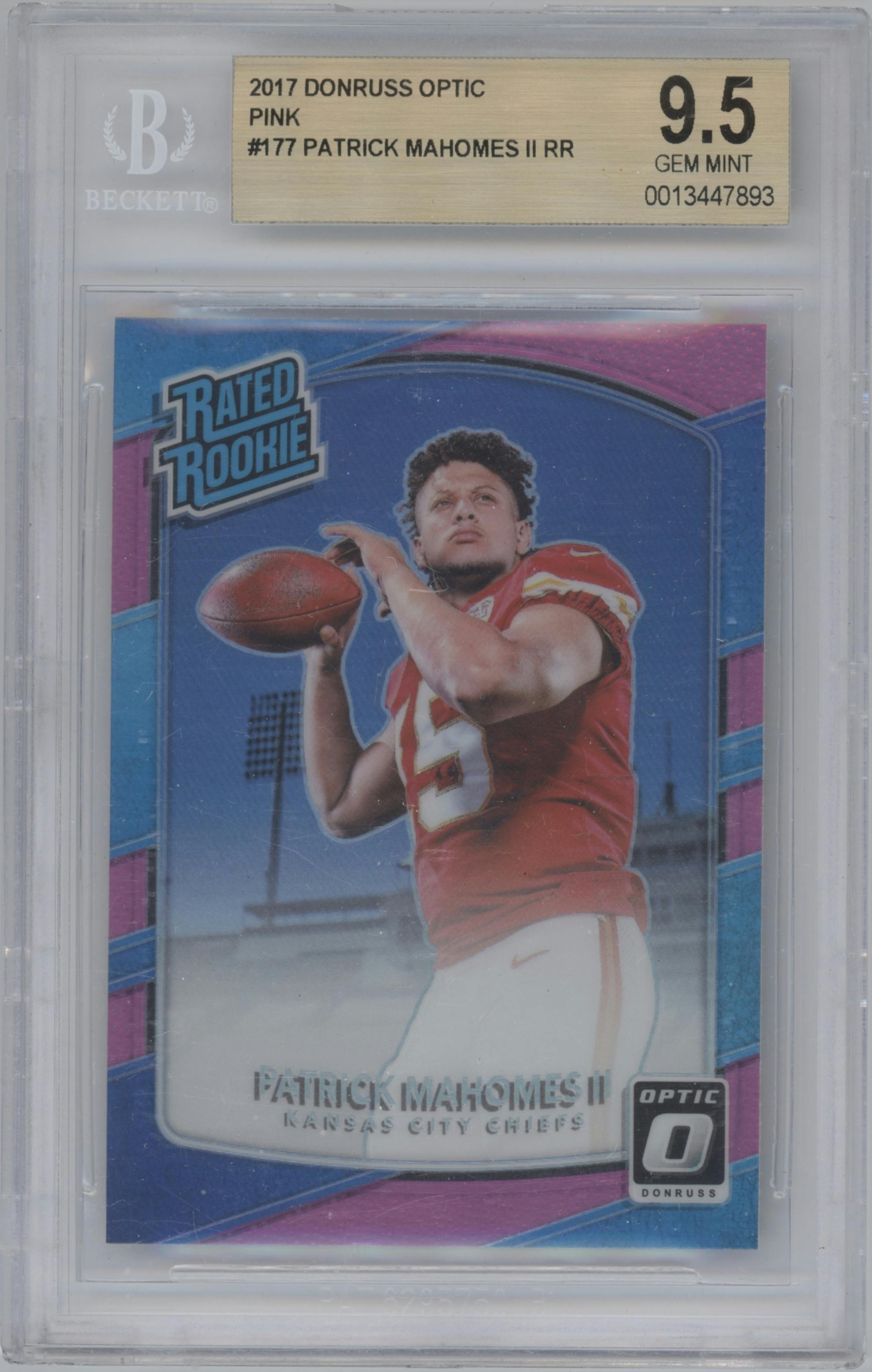Patrick Mahomes II from the 2017 Panini Donruss Optic set featuring a Pink parallel graded by Beckett and given an overall grade of 9.5.