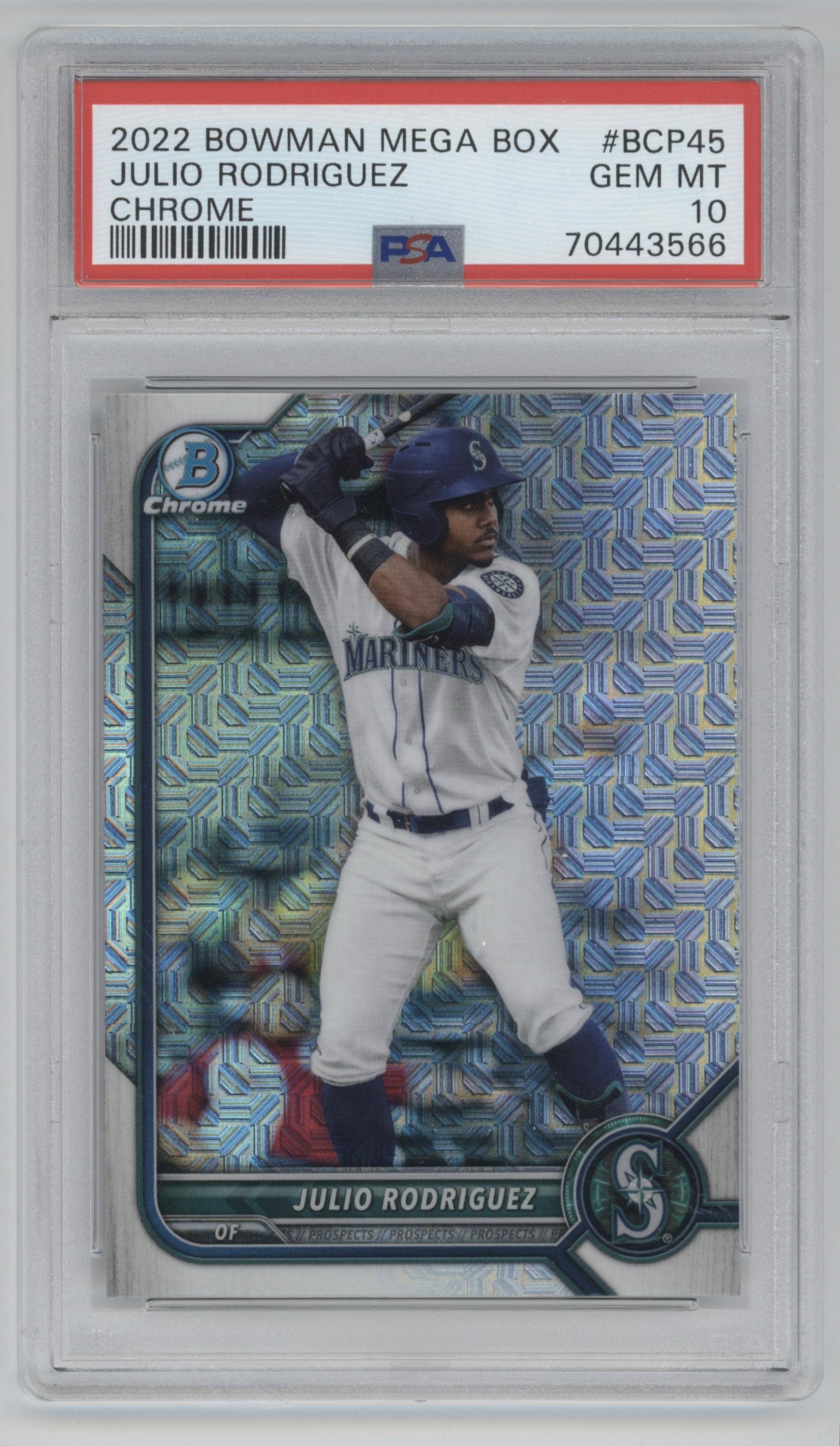 Julio Rodriguez from the 2022 Bowman Mega Box set graded by PSA and given an overall grade of 10.