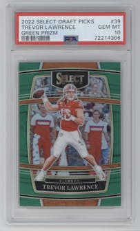 Trevor Lawrence from the 2022 Panini Select Draft Picks set featuring a Green Prizm parallel graded by PSA and given an overall grade of 10.
