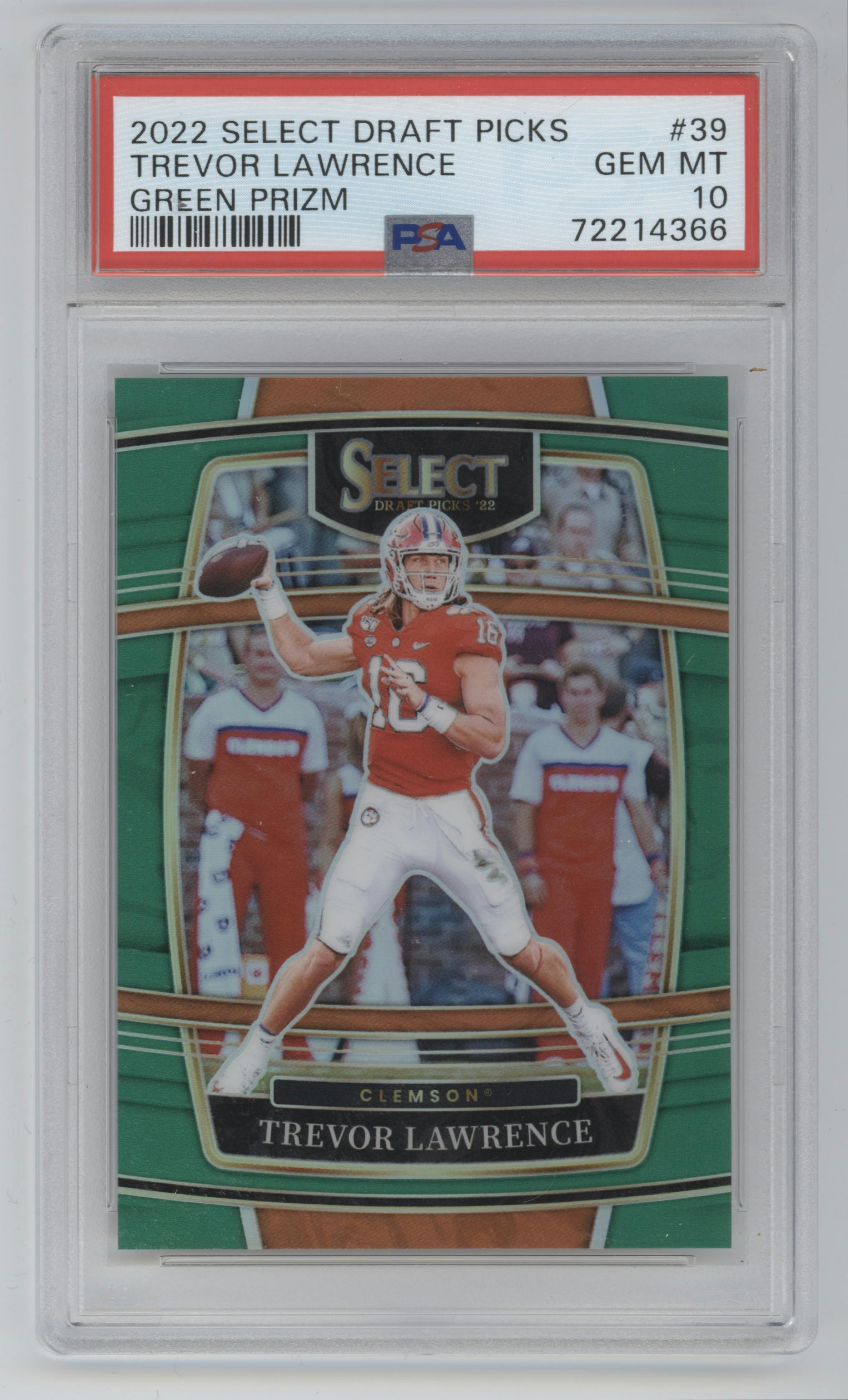 Trevor Lawrence from the 2022 Panini Select Draft Picks set featuring a Green Prizm parallel graded by PSA and given an overall grade of 10.