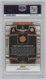 Trevor Lawrence from the 2022 Panini Select Draft Picks set featuring a Green Prizm parallel graded by PSA and given an overall grade of 10.