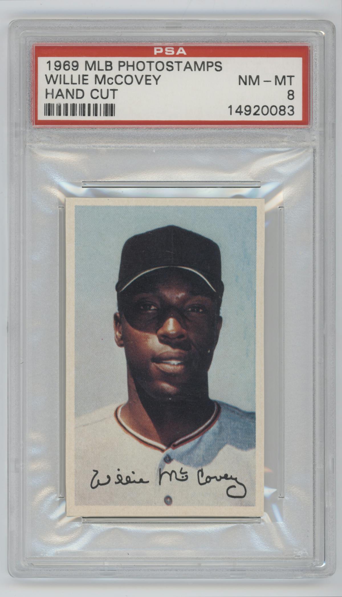 Willie McCovey from the 1969 Sports Collectors Photostamps set graded by PSA and given an overall grade of 8.