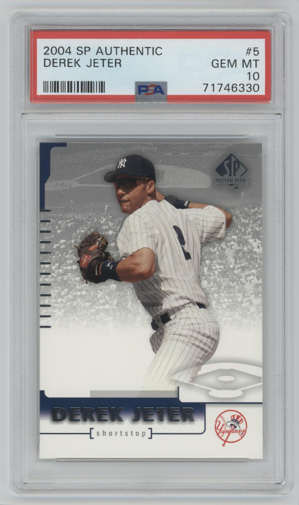 Derek Jeter from the 2004 SP Authentic set graded by PSA and given an overall grade of 10.