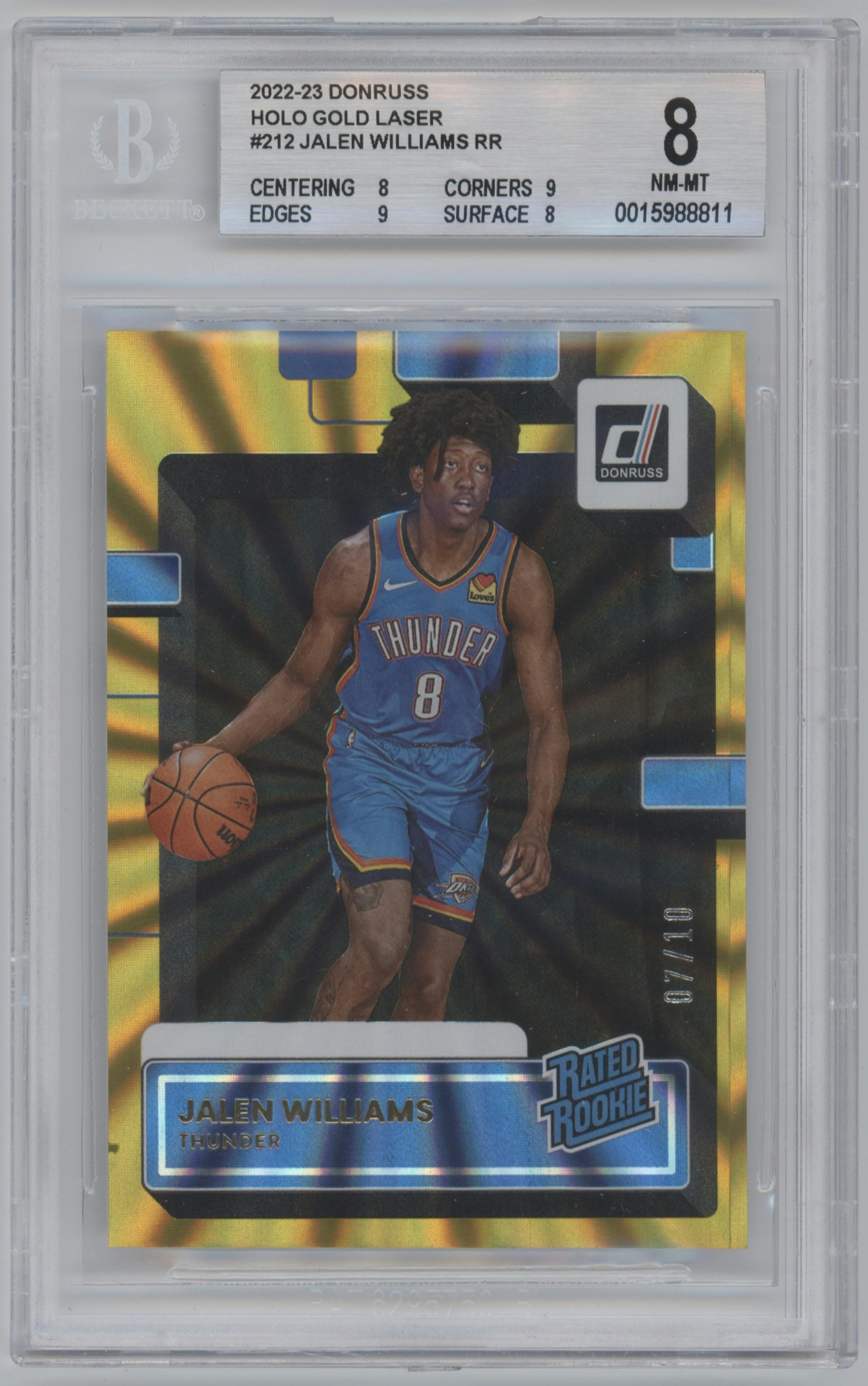 Jalen Williams from the 2022-23 Panini Donruss set featuring a GD Holo Laser parallel graded by Beckett and given an overall grade of 8.