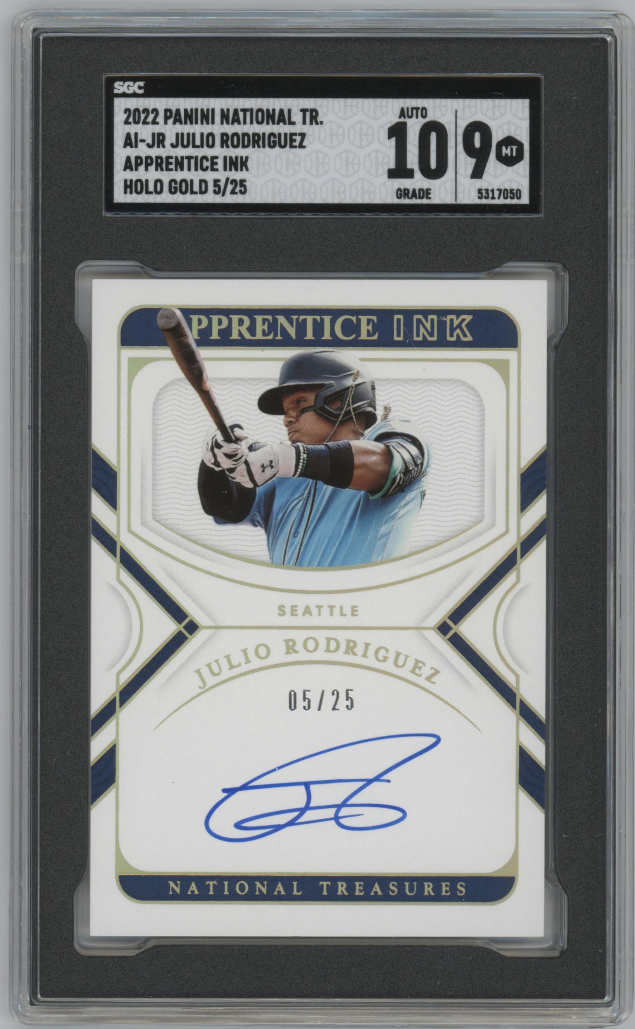 Julio Rodriguez from the 2022 Panini National Treasures set featuring a Holo Gold parallel graded by SGC and given an overall grade of 9.