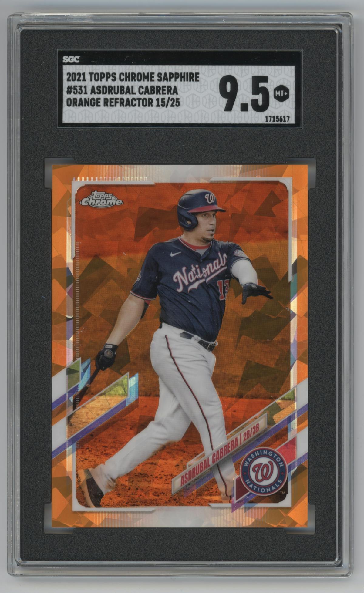 Asdrubal Cabrera from the 2021 Topps Chrome Sapphire Edition set featuring a Orange Refractor parallel graded by SGC and given an overall grade of 9.5.