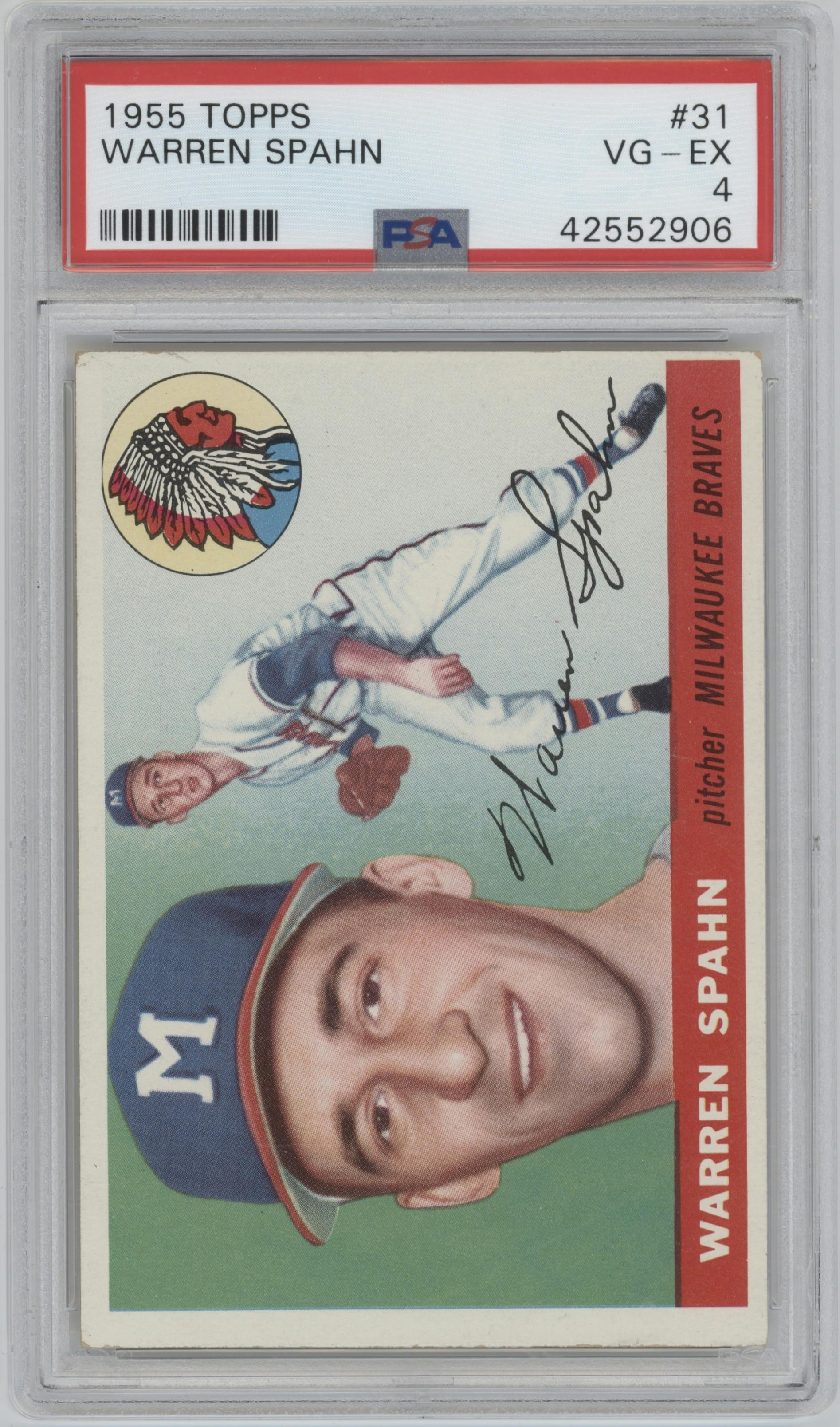 Warren Spahn from the 1955 Topps set graded by PSA and given an overall grade of 4.