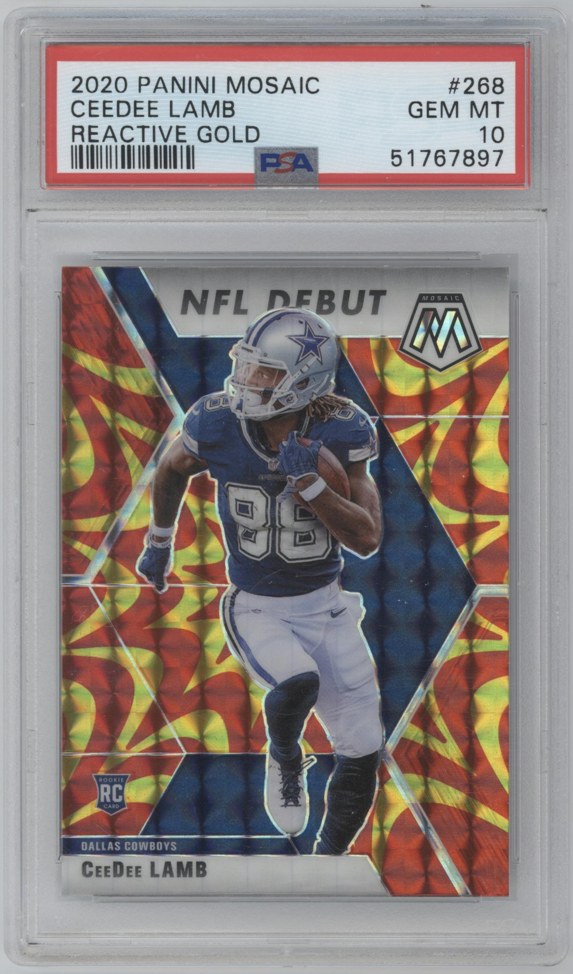 CeeDee Lamb from the 2020 Panini Mosaic set featuring a Reactive Gold parallel graded by PSA and given an overall grade of 10.
