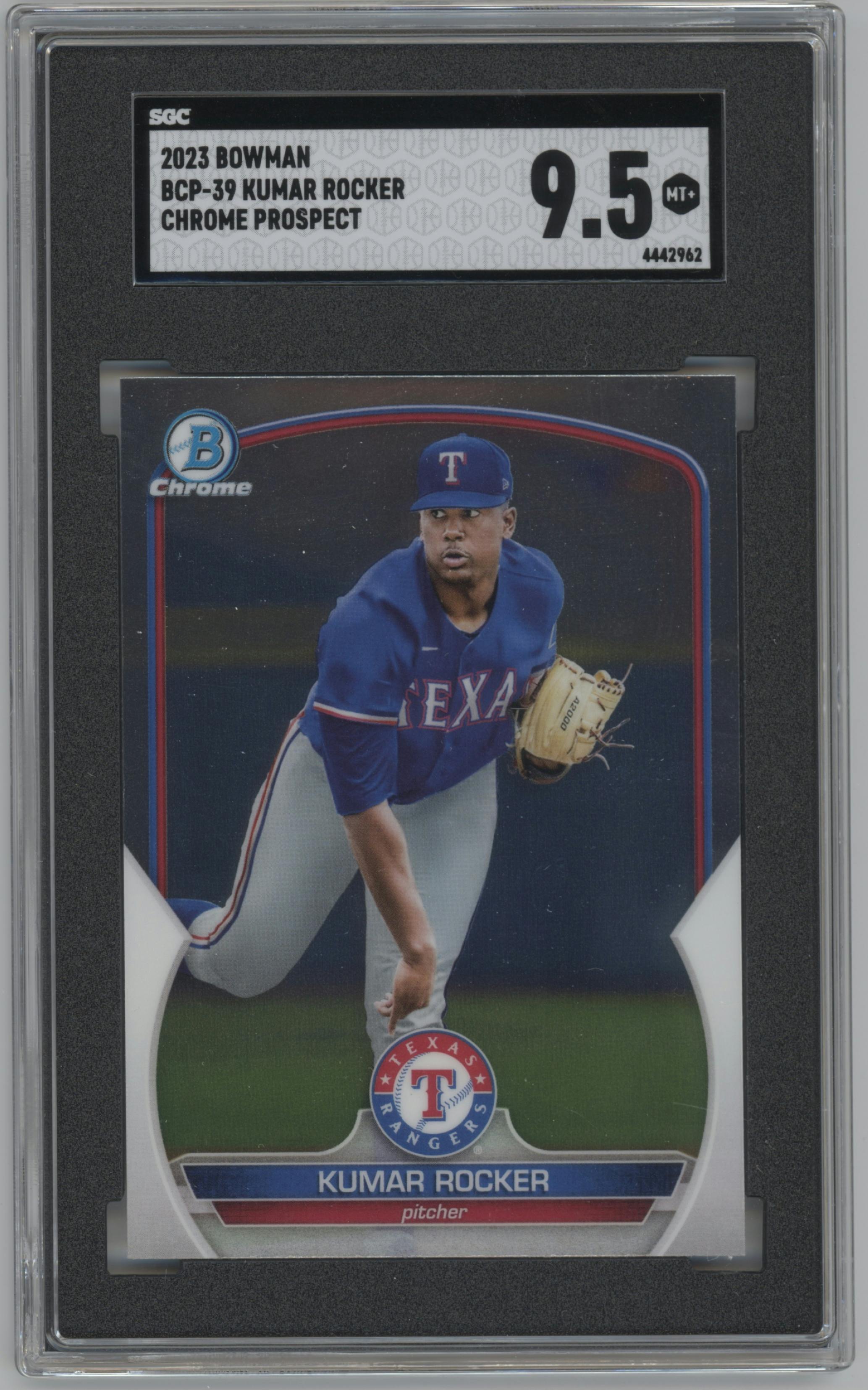 Kumar Rocker from the 2023 Bowman  set graded by SGC and given an overall grade of 9.5.