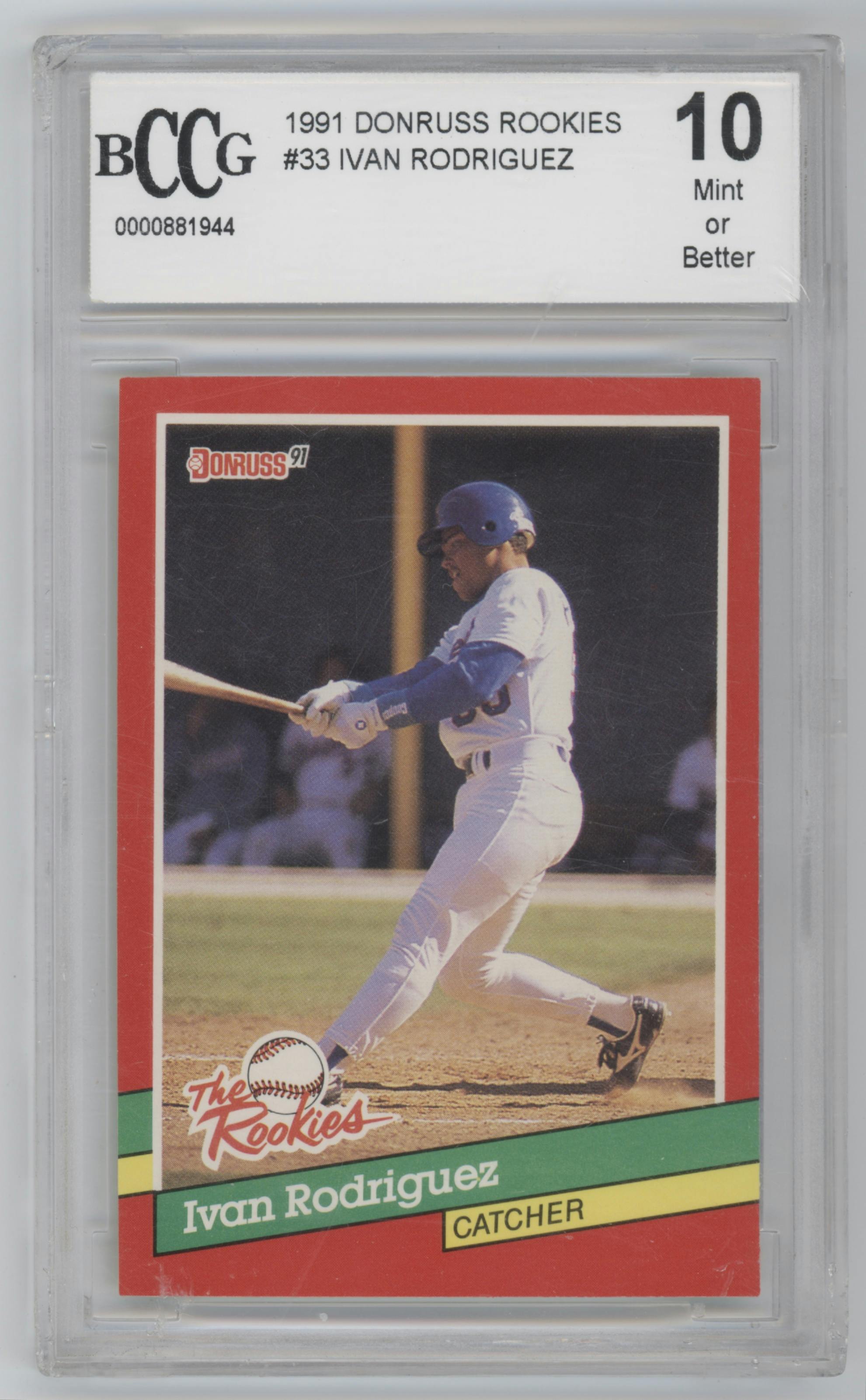 Ivan Rodriguez from the 1991 Donruss The Rookies set graded by Beckett and given an overall grade of 10.