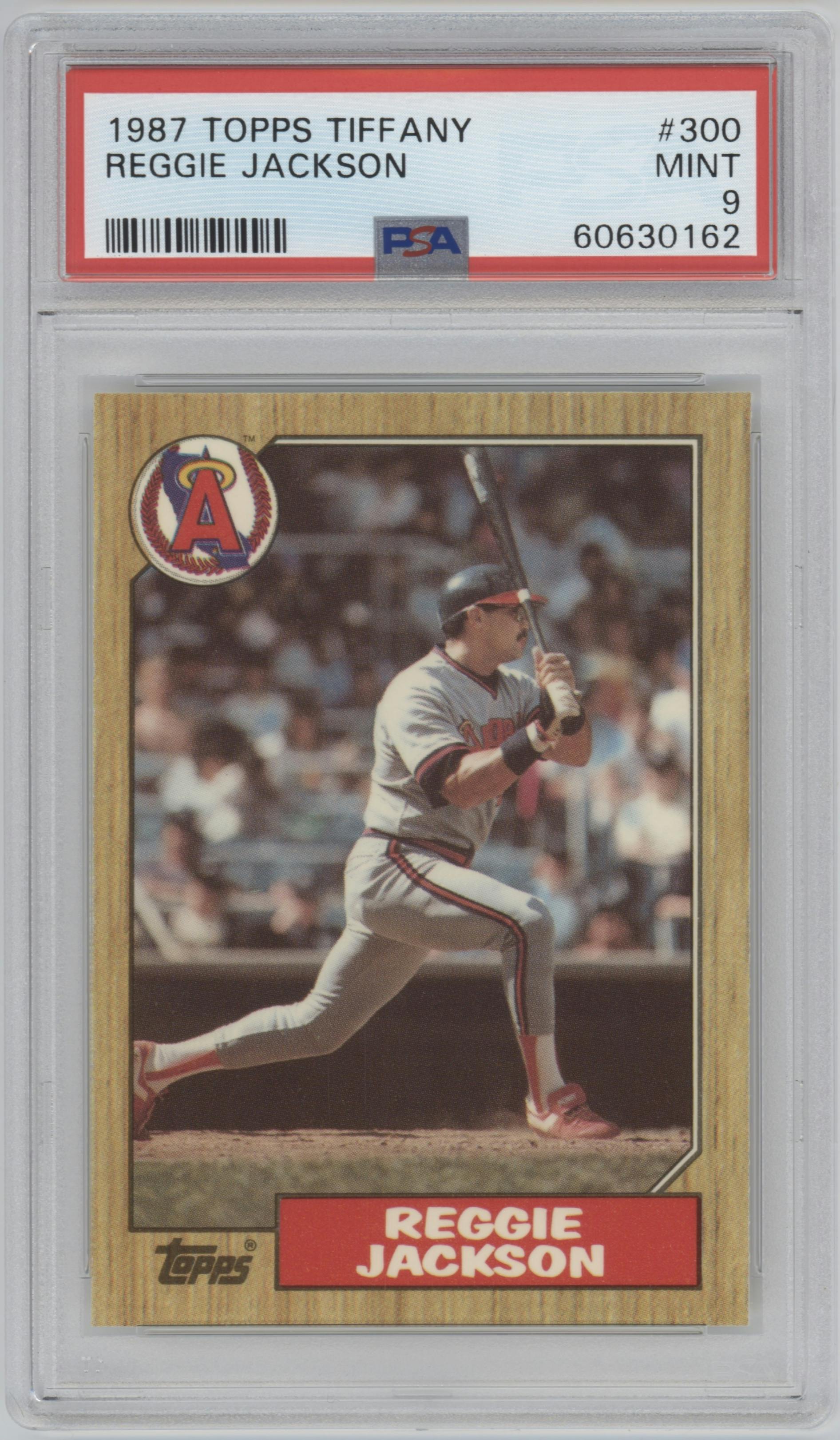 Reggie Jackson from the 1987 Topps set featuring a Tiffany parallel graded by PSA and given an overall grade of 9.