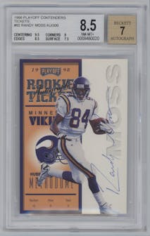 Randy Moss from the 1998 Playoff Contenders set and given an overall grade of 8.5.