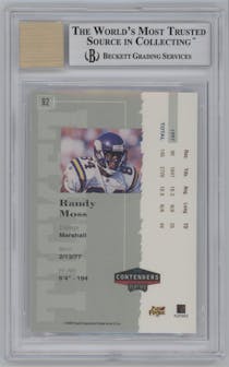 Randy Moss from the 1998 Playoff Contenders set and given an overall grade of 8.5.