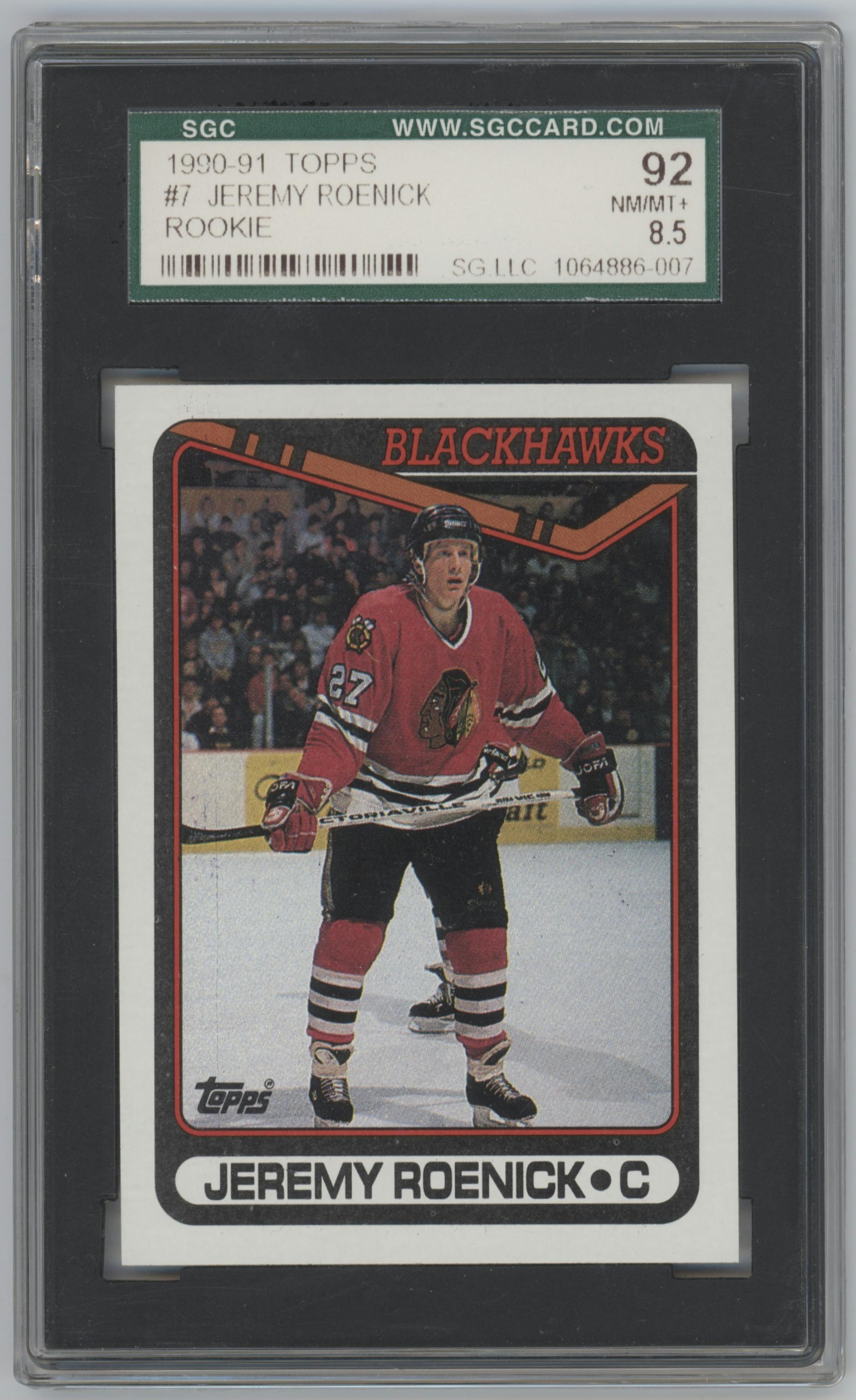 Jeremy Roenick from the 1990-91 Topps set featuring a Variation parallel graded by SGC and given an overall grade of 8.5.