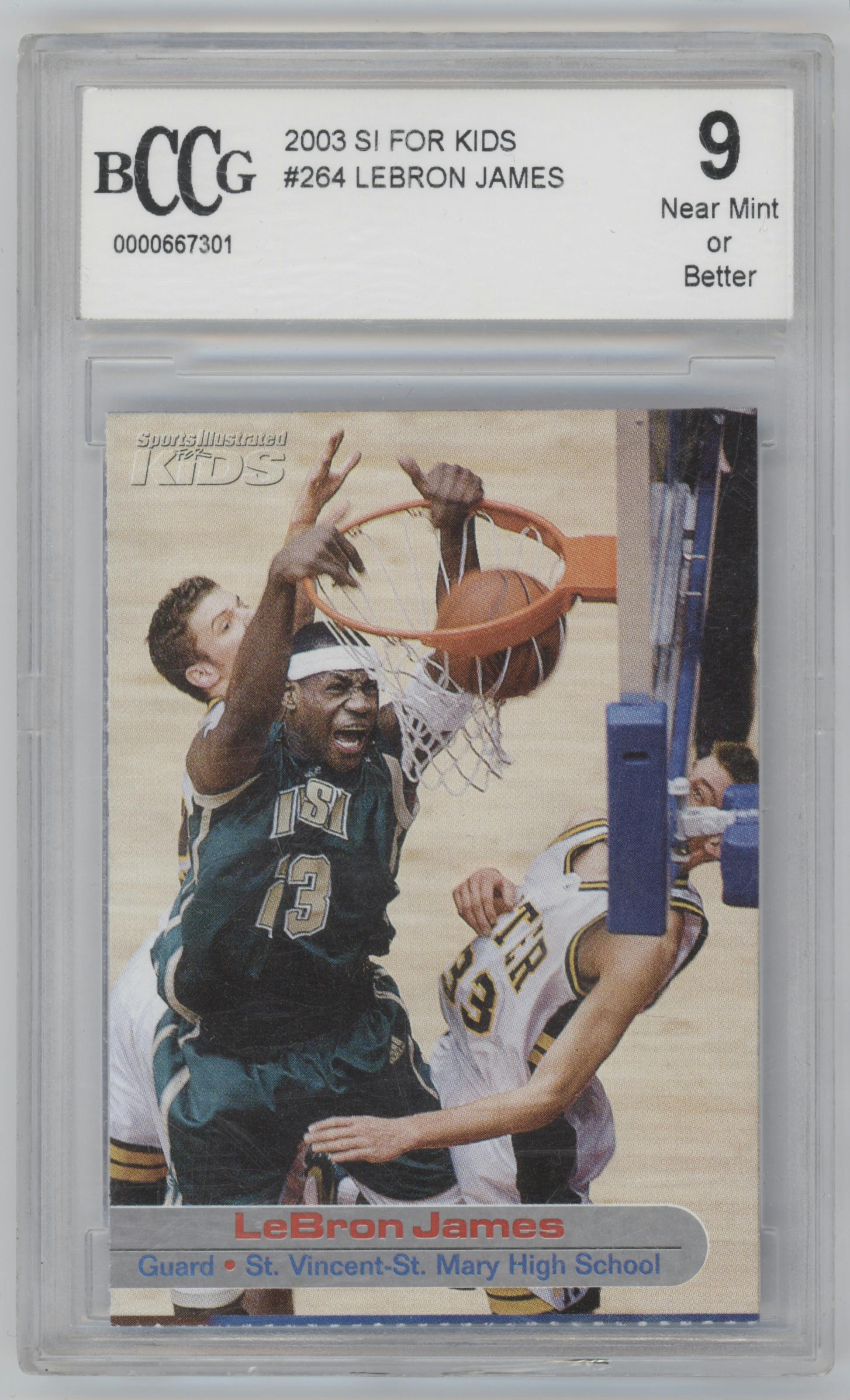 LeBron James  from the 2003 Sports Illustrated for Kids set graded by Beckett and given an overall grade of 9.
