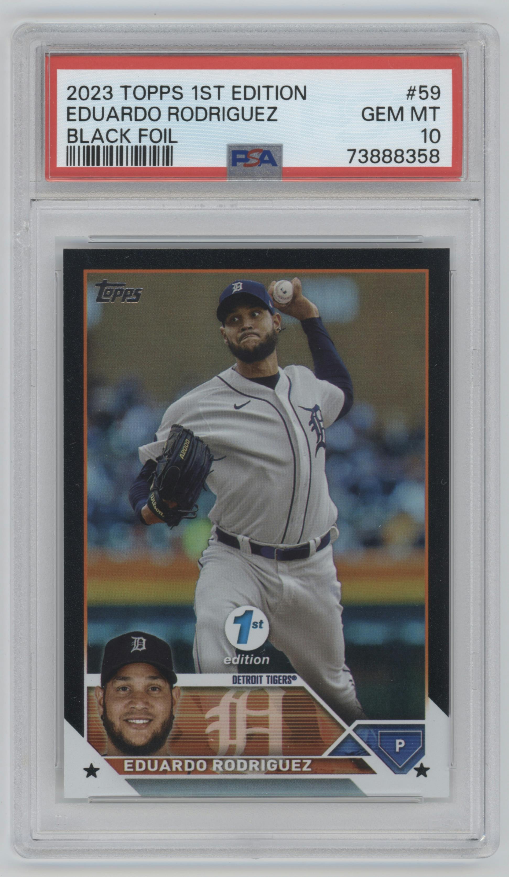 Eduardo Rodriguez from the 2023 Topps 1st Edition set featuring a Black Foil  parallel graded by PSA and given an overall grade of 10.