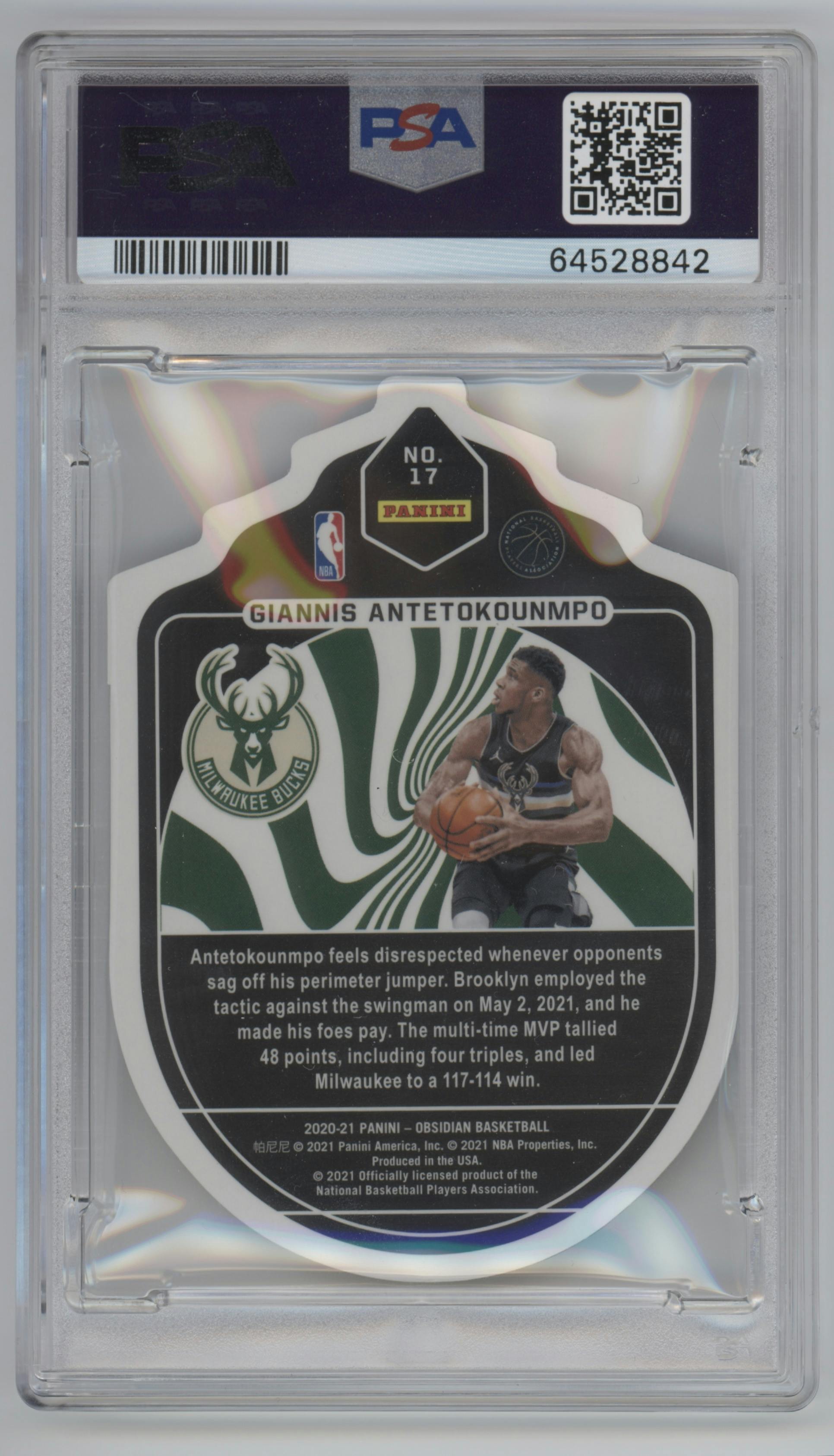 Giannis Antetokounmpo from the 2020-21 Panini Obsidian set graded by PSA and given an overall grade of 10.