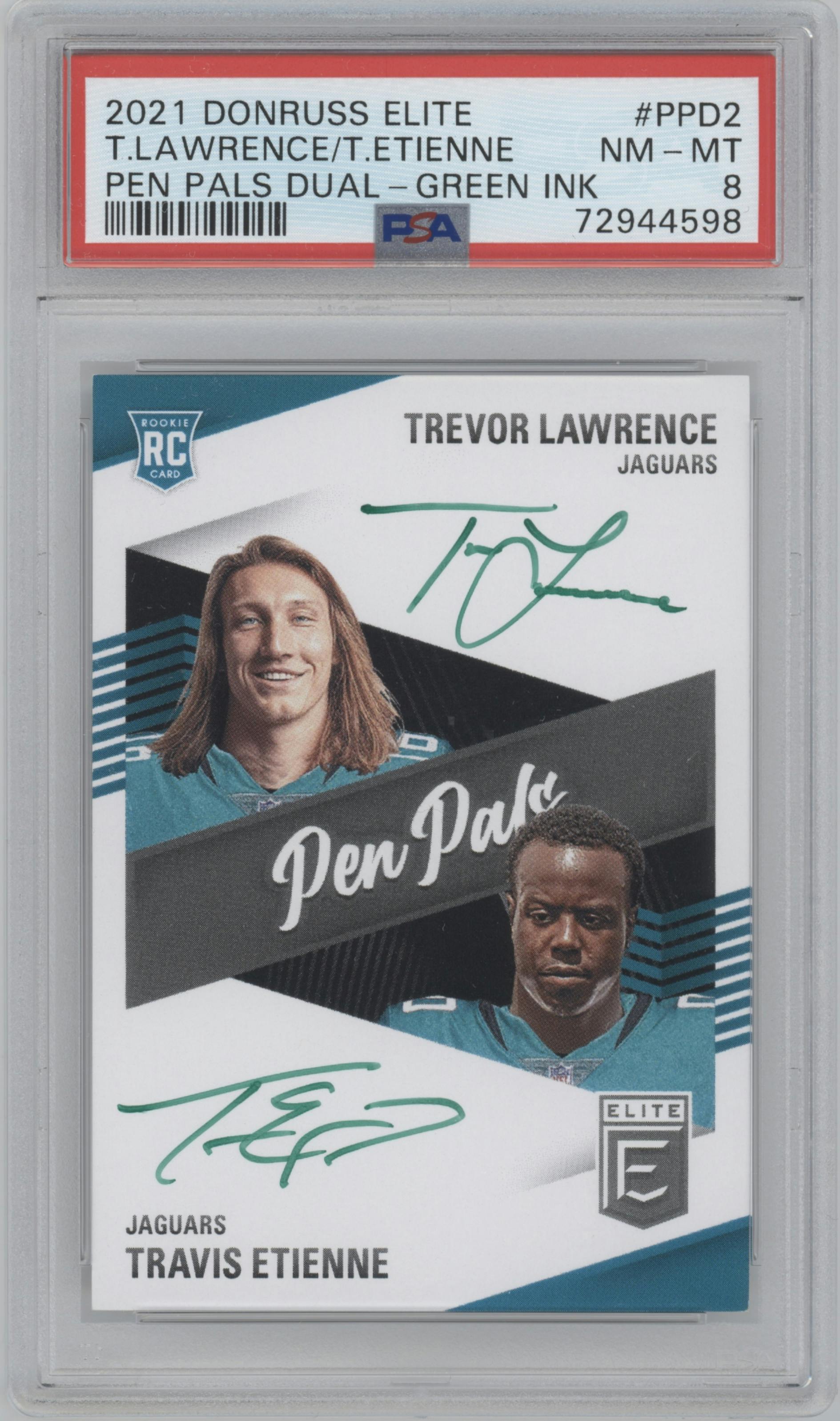 Trevor Lawrence/Travis Etienne Jr from the 2021 Panini Donruss Elite set featuring a Green Ink parallel graded by PSA and given an overall grade of 8.