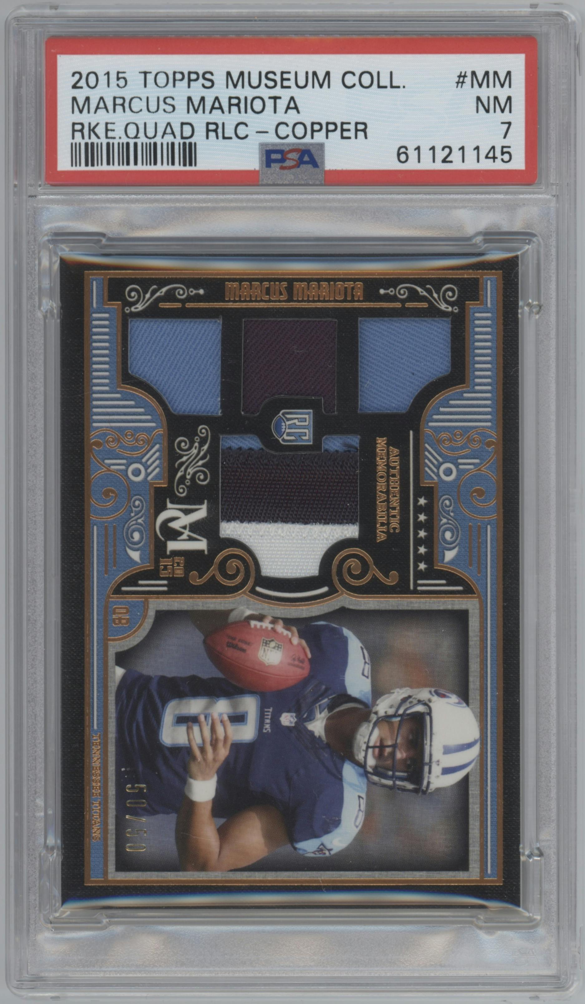 Marcus Mariota from the 2015 Topps Museum Collection set featuring a Copper parallel graded by PSA and given an overall grade of 7.