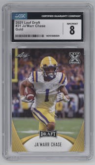 Ja’Marr Chase from the 2021 Leaf Draft set featuring a Gold parallel graded by CSG and given an overall grade of 8.