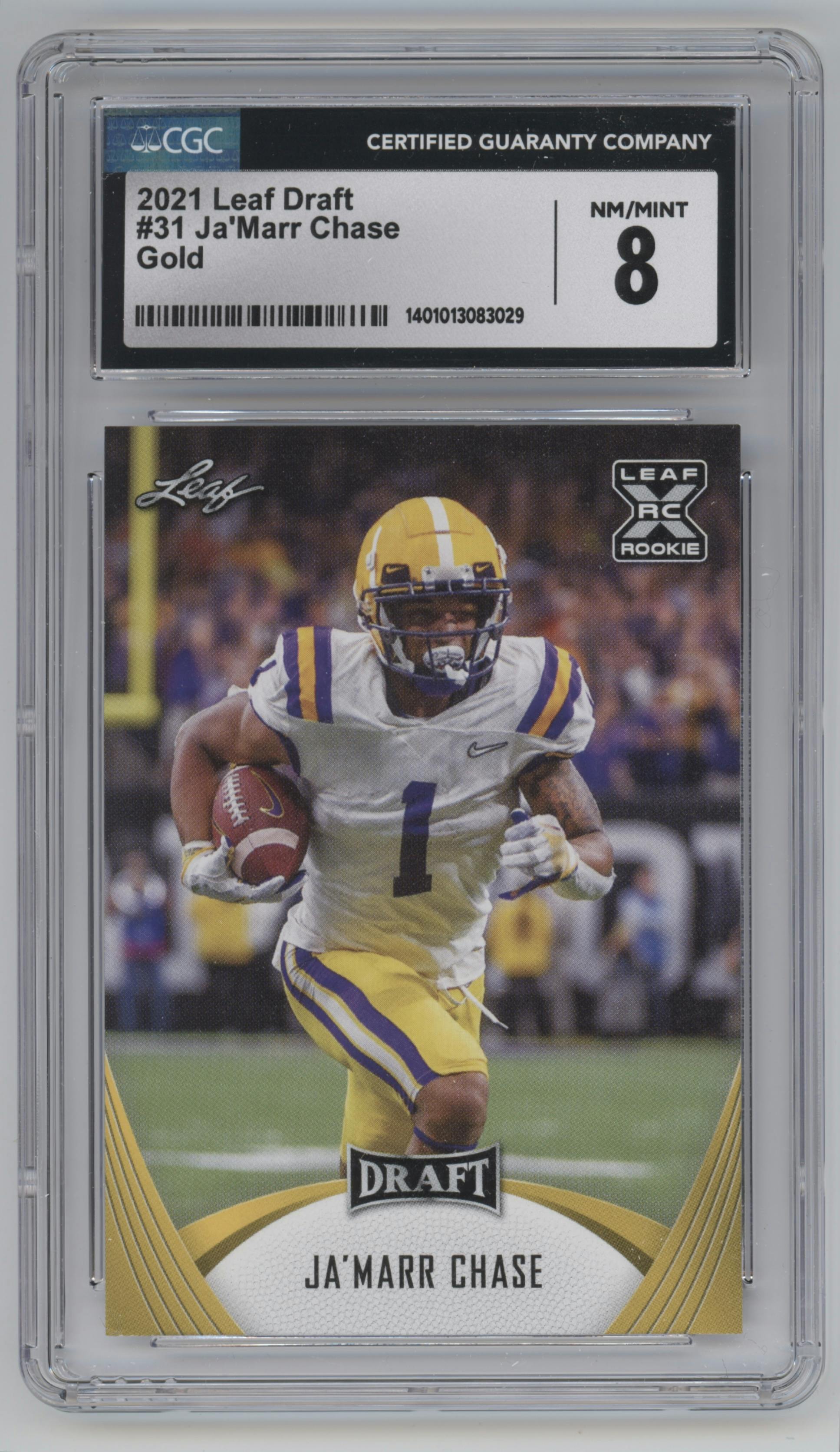 Ja’Marr Chase from the 2021 Leaf Draft set featuring a Gold parallel graded by CSG and given an overall grade of 8.
