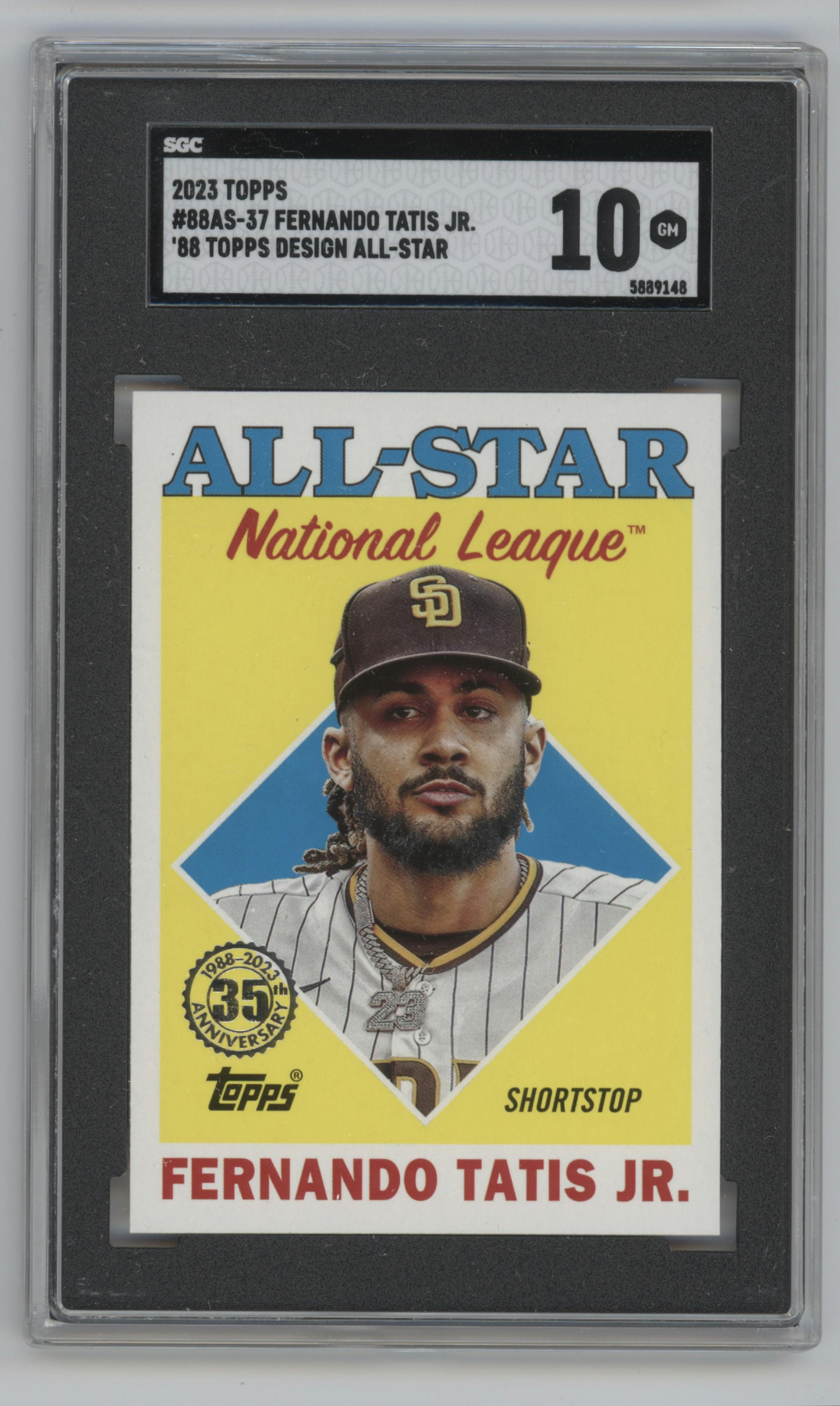 Fernando Tatis Jr. from the 2023 Topps Series 2 set graded by SGC and given an overall grade of 10.