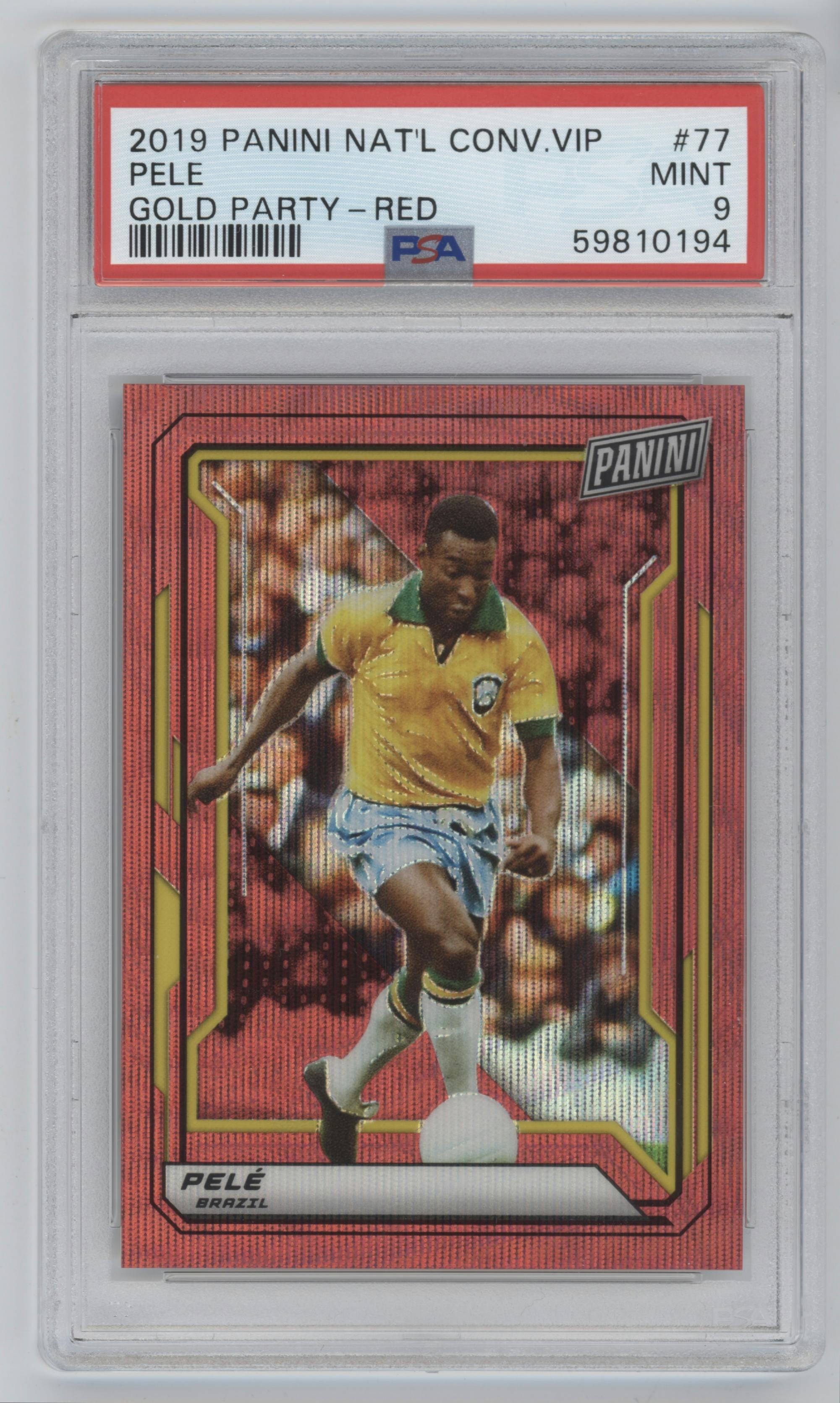 Pele from the 2019 Panini The National VIP set featuring a Red Wave Prizm parallel graded by PSA and given an overall grade of 9.