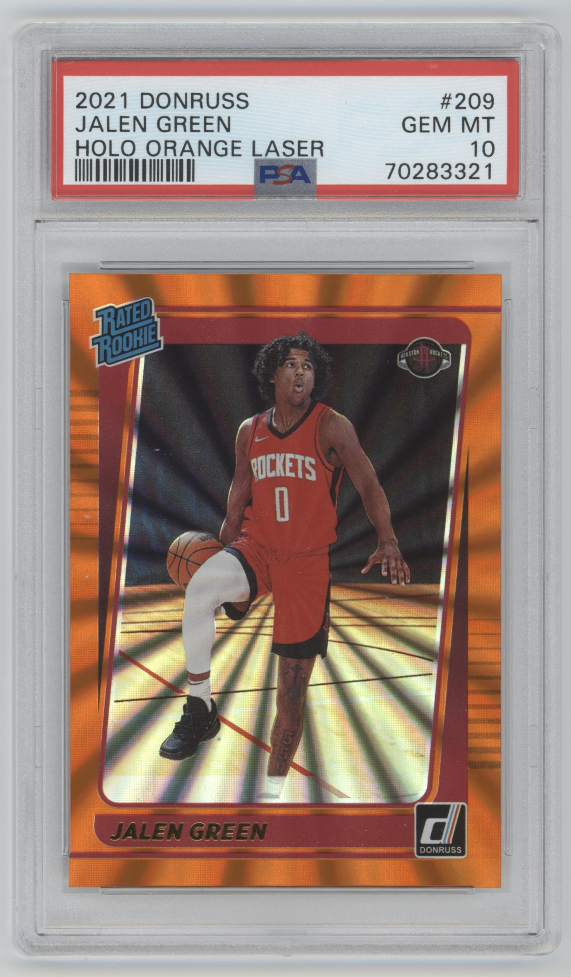Jalen Green from the 2021-22 Panini Donruss set featuring a Orange Holo Laser parallel graded by PSA and given an overall grade of 10.
