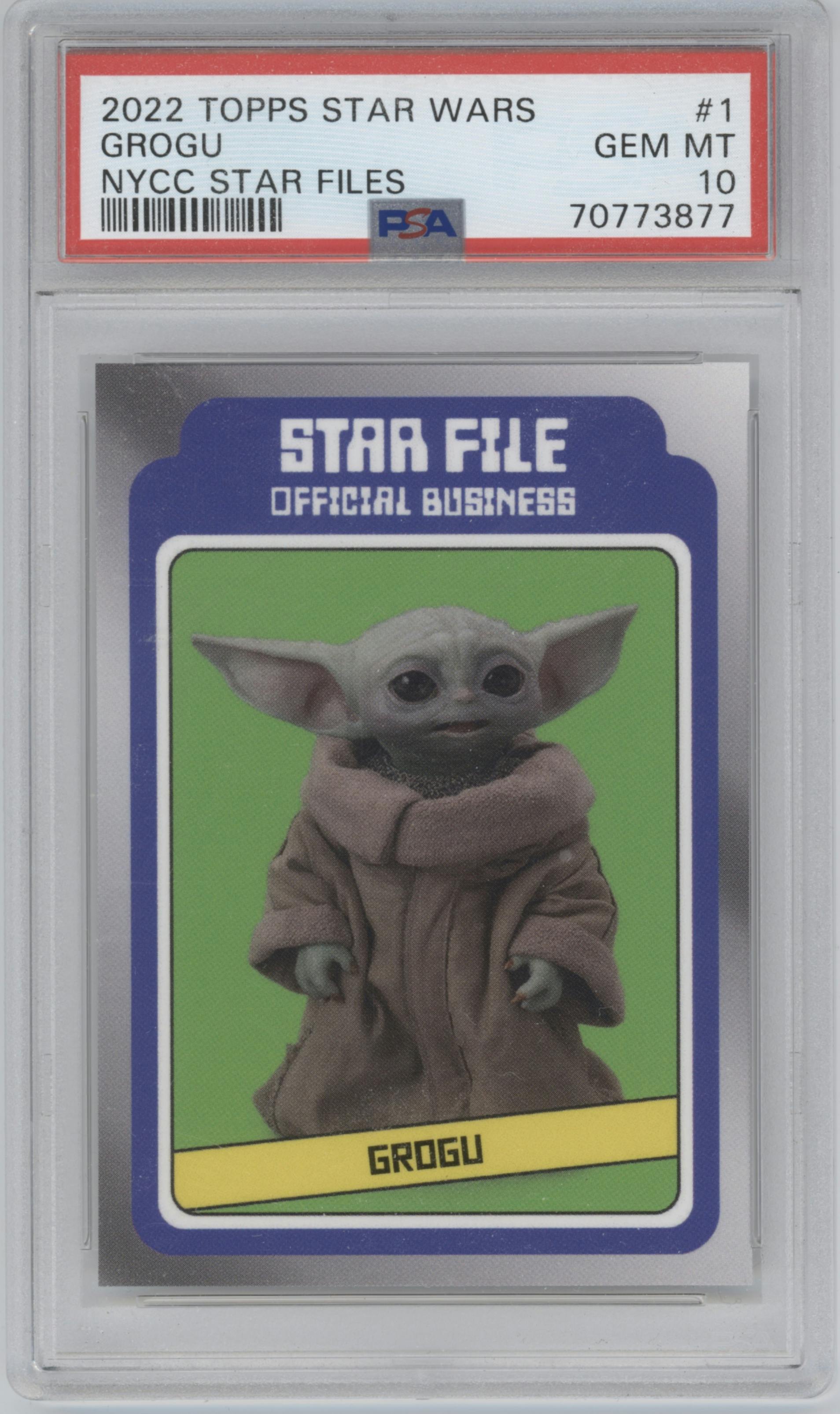 Grogu from the 2022 Topps Star Wars Star Files NYCC set graded by PSA and given an overall grade of 10.
