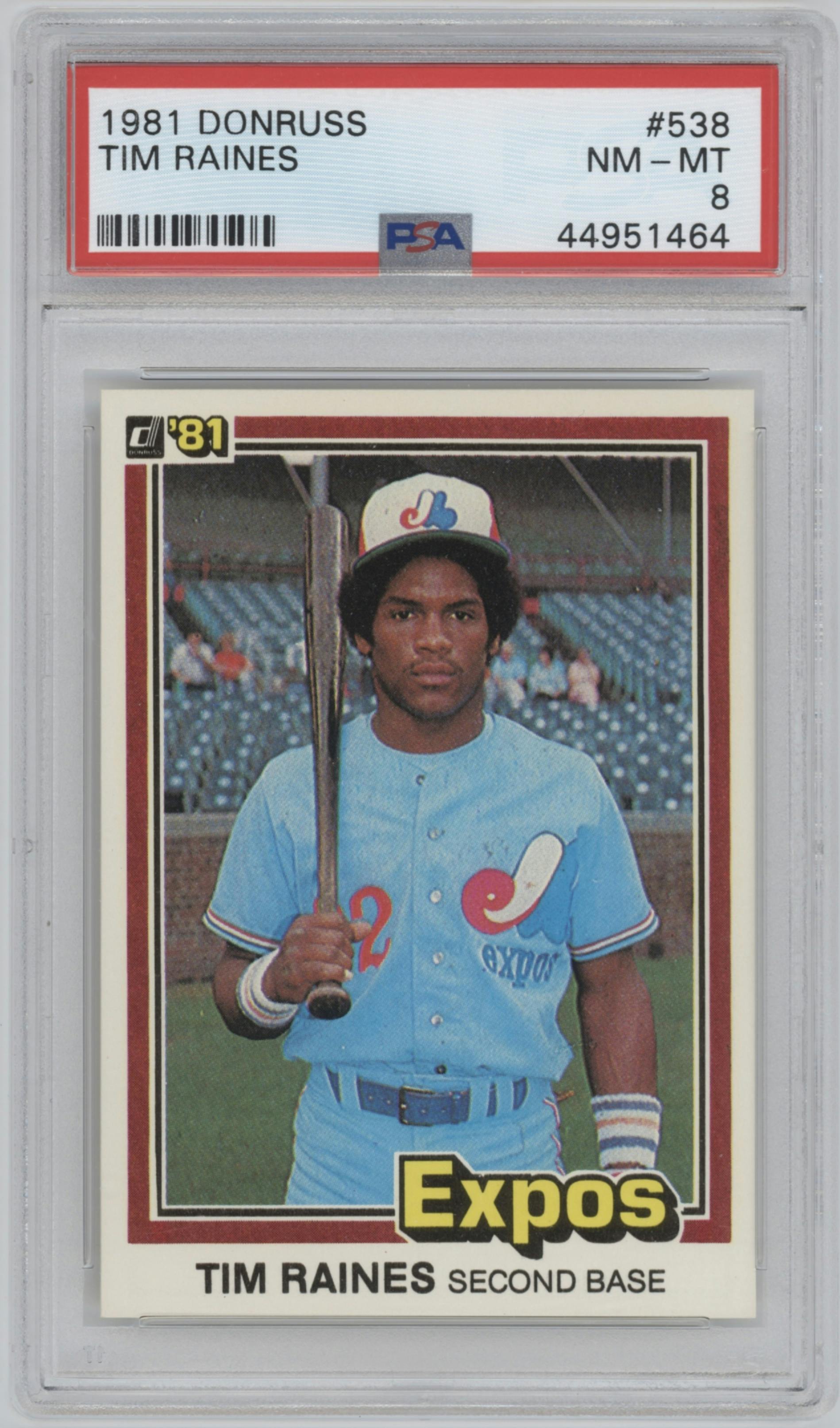 Tim Raines from the 1981 Donruss set graded by PSA and given an overall grade of 8.