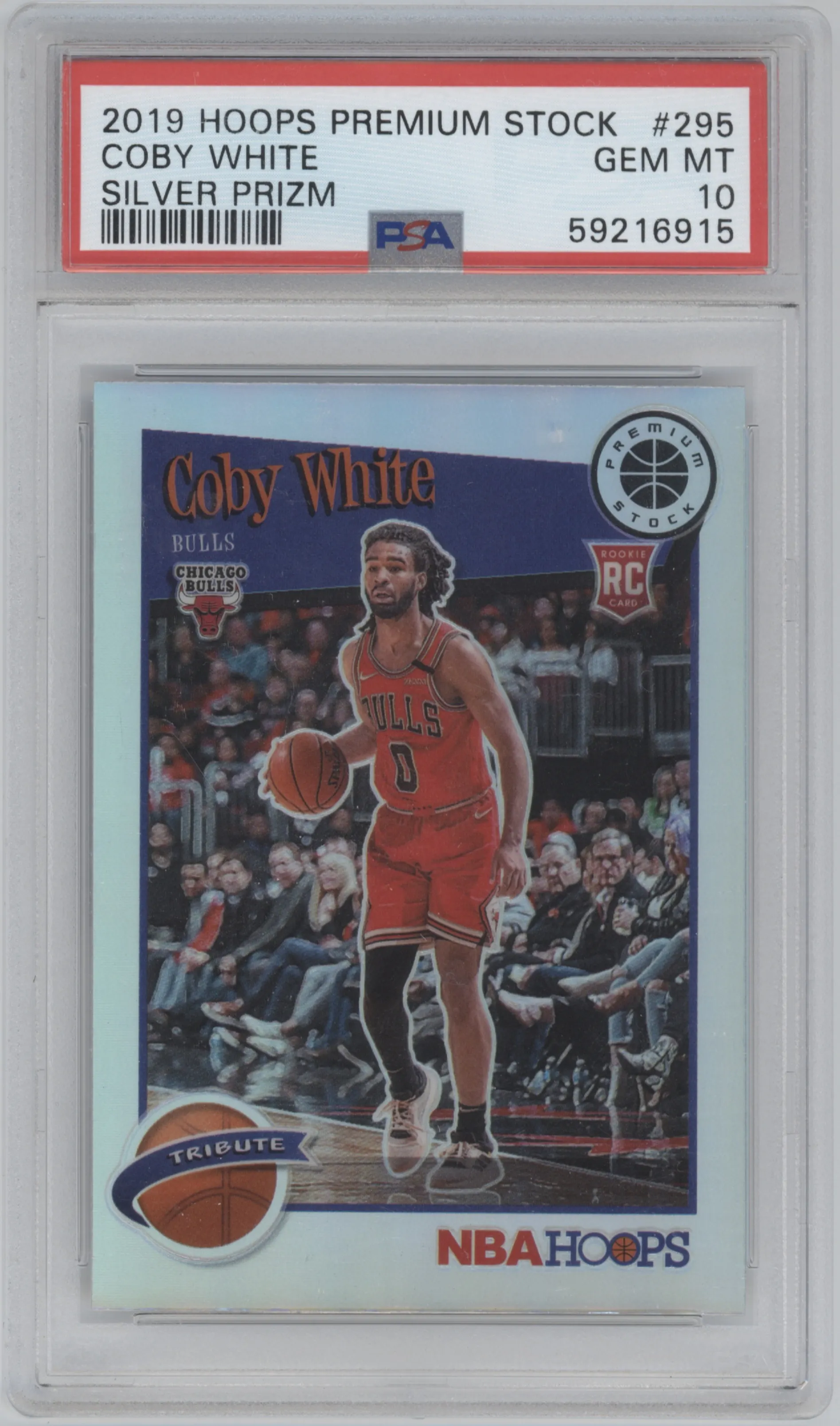 Coby White from the 2019-20 NBA Hoops Premium Stock Box Set set featuring a Silver parallel graded by PSA and given an overall grade of 10.
