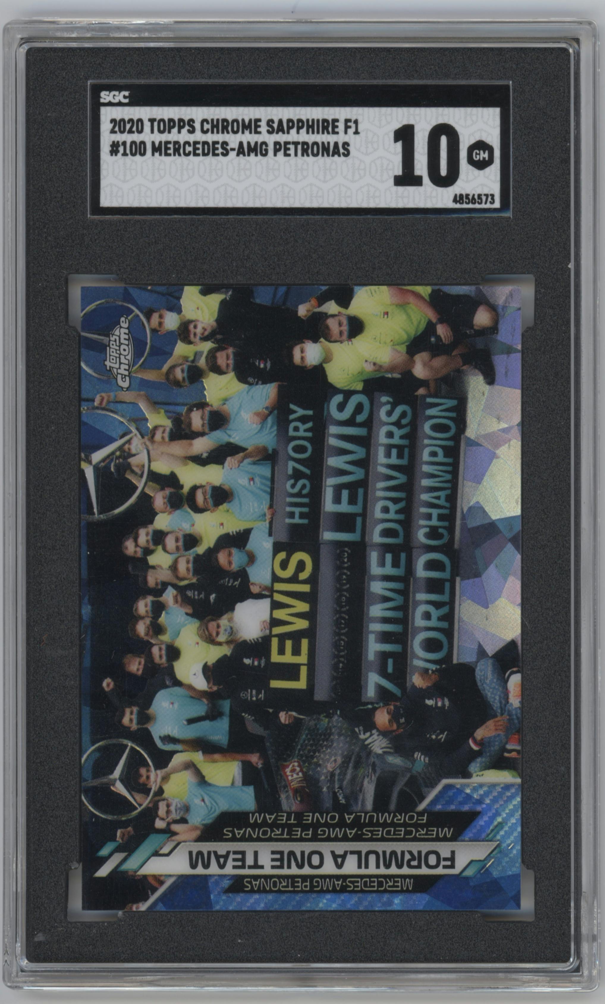 Mercedes-AMG Petronas F1 Team from the 2020 Topps Chrome Sapphire Formula 1  set graded by SGC and given an overall grade of 10.