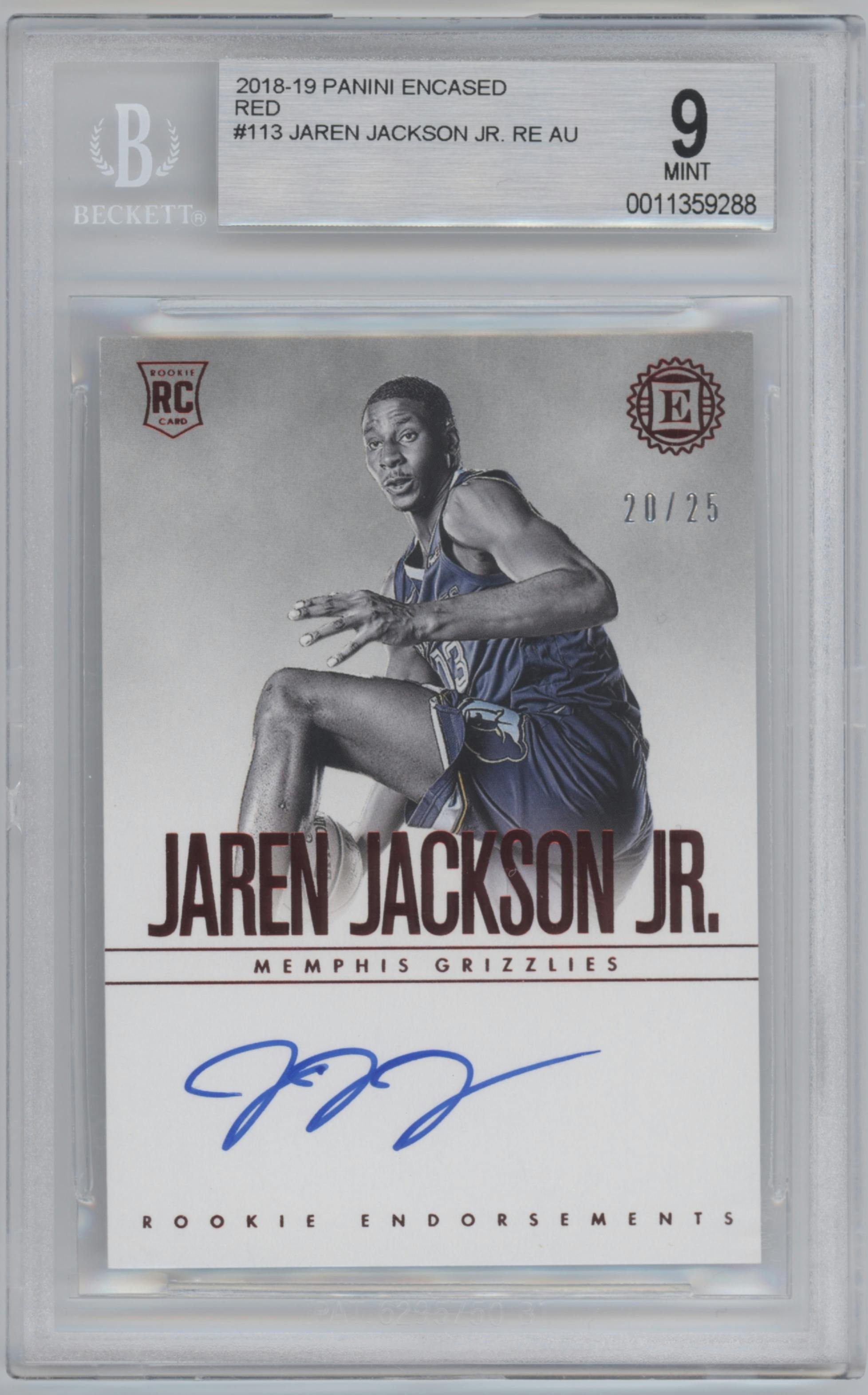 Jaren Jackson Jr. from the 2018-19 Panini Encased Basketball set featuring a Red parallel graded by Beckett and given an overall grade of 9.