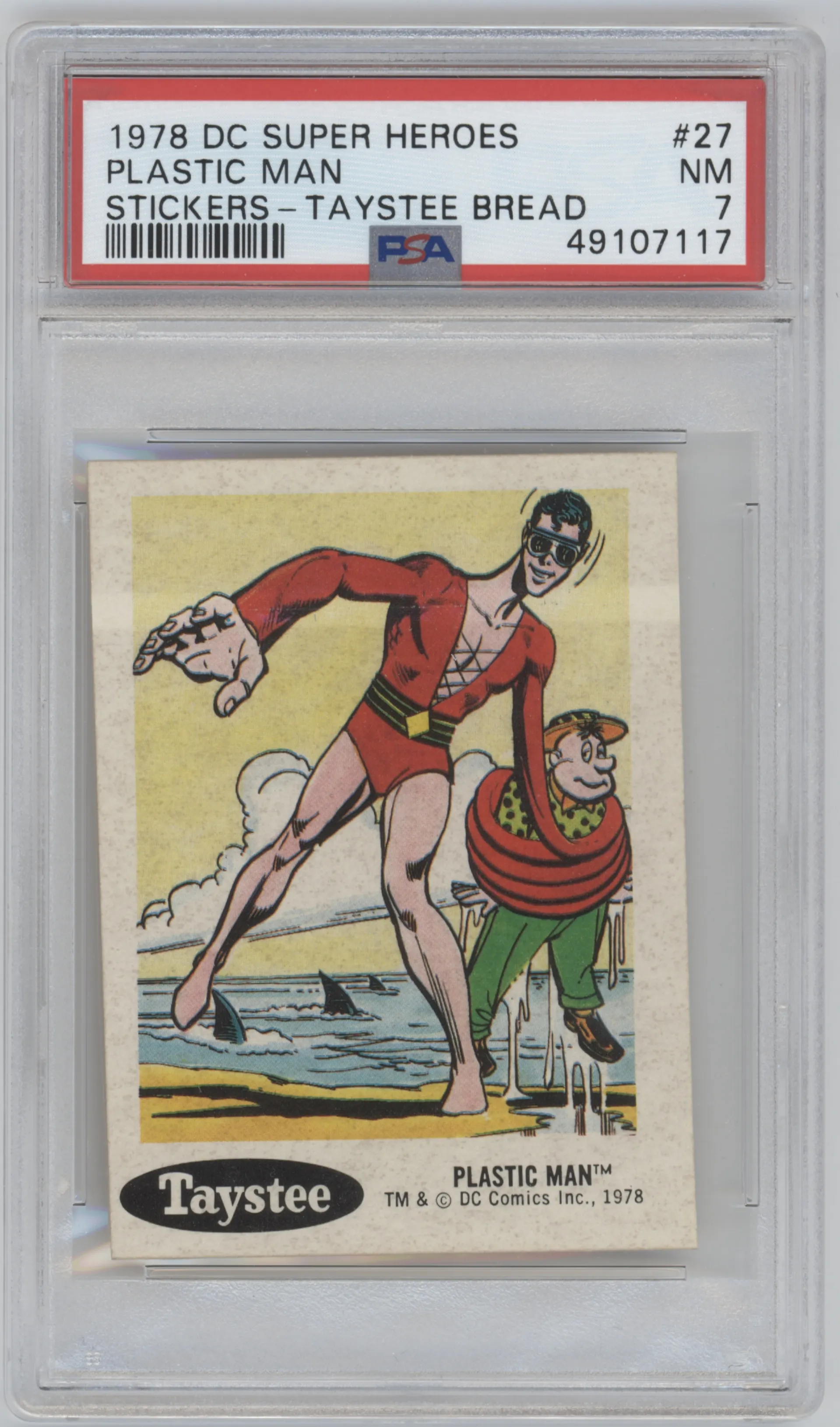 Plastic Man from the 1978 Taystee DC Super Heroes Stickers set graded by PSA and given an overall grade of 7.