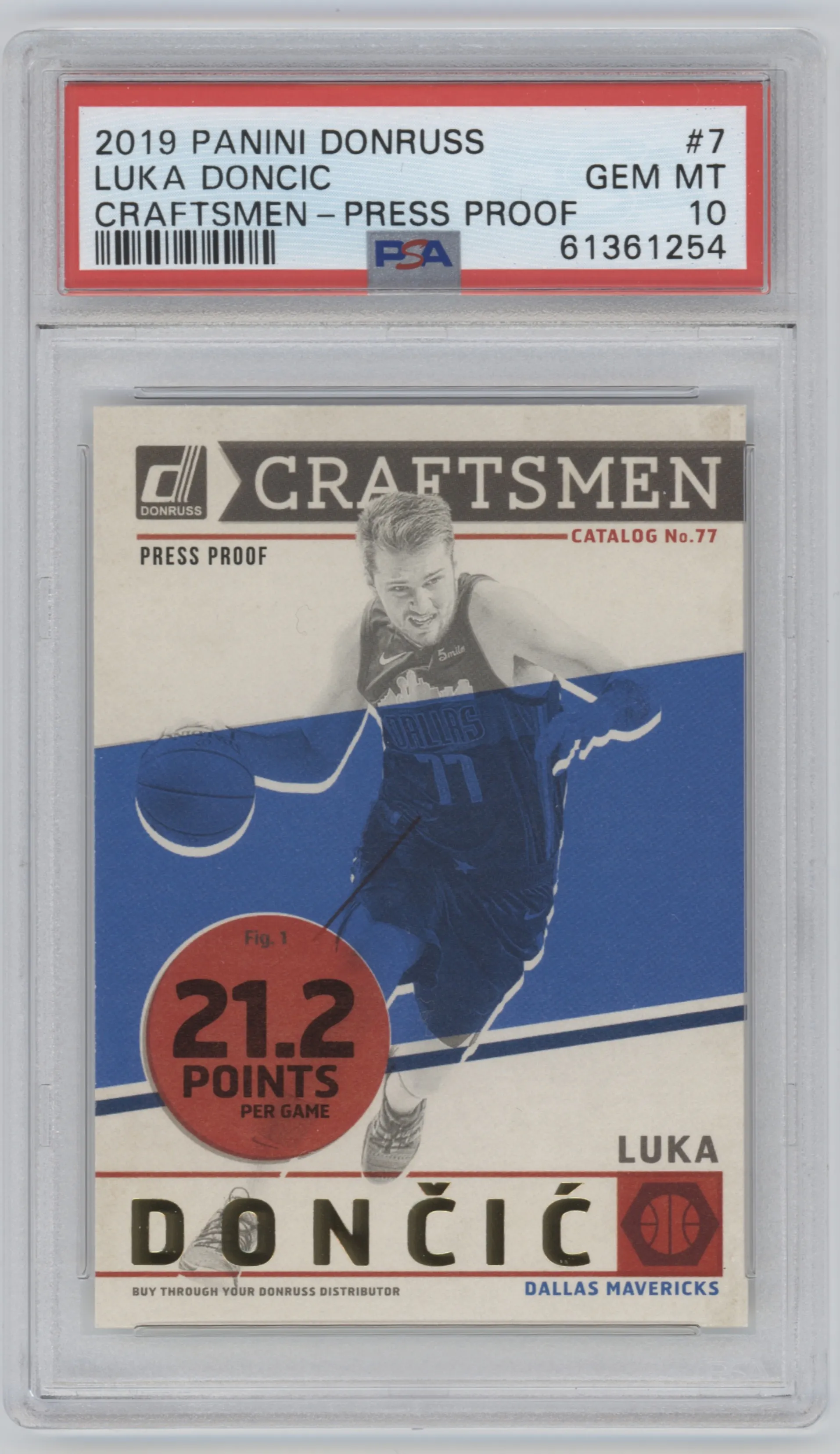 Luka Doncic from the 2019-20 Panini Donruss set featuring a Press Proof parallel graded by PSA and given an overall grade of 10.