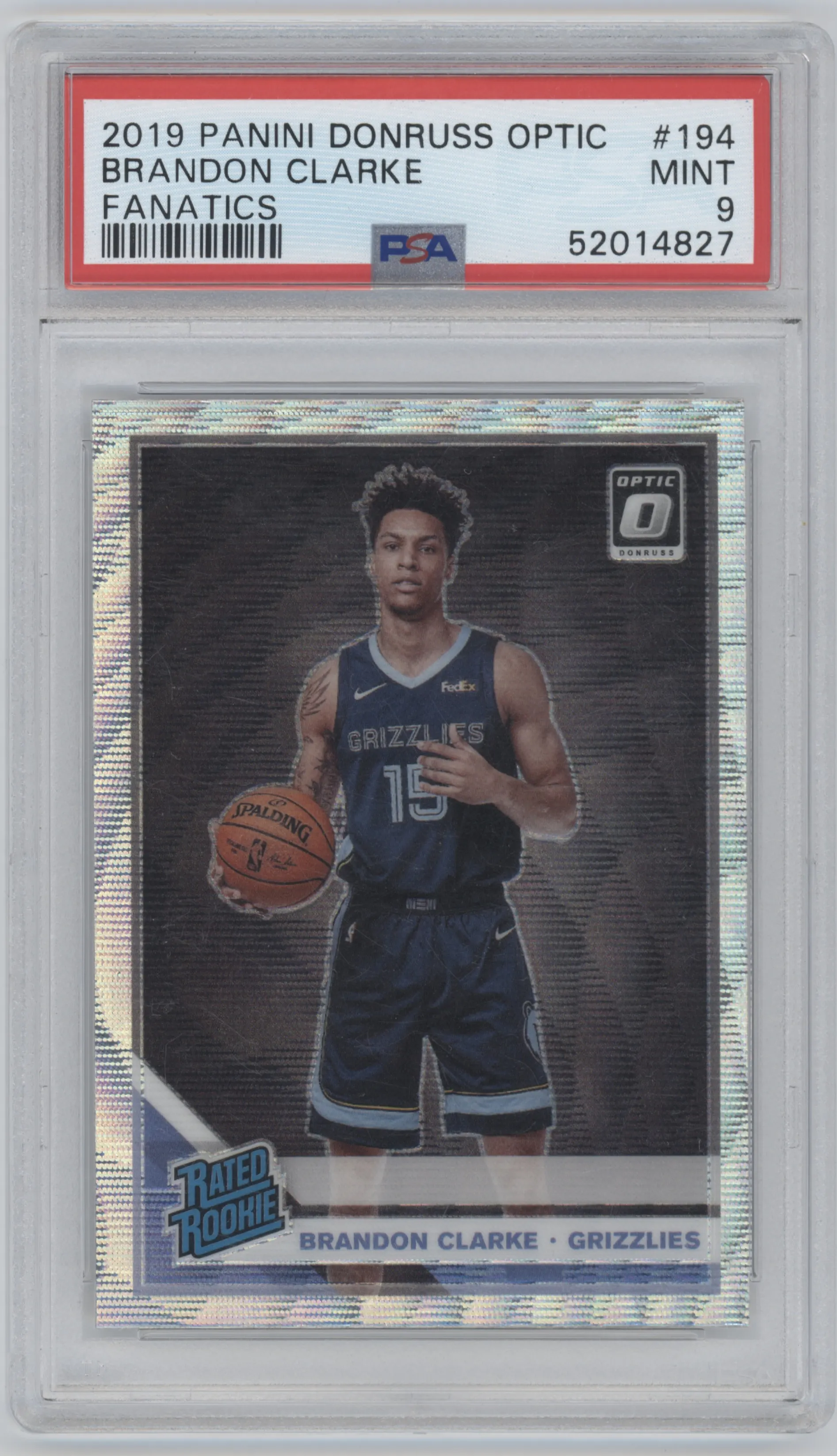 Brandon Clarke from the 2019-20 Panini Donruss Optic set featuring a Fanatics parallel graded by PSA and given an overall grade of 9.