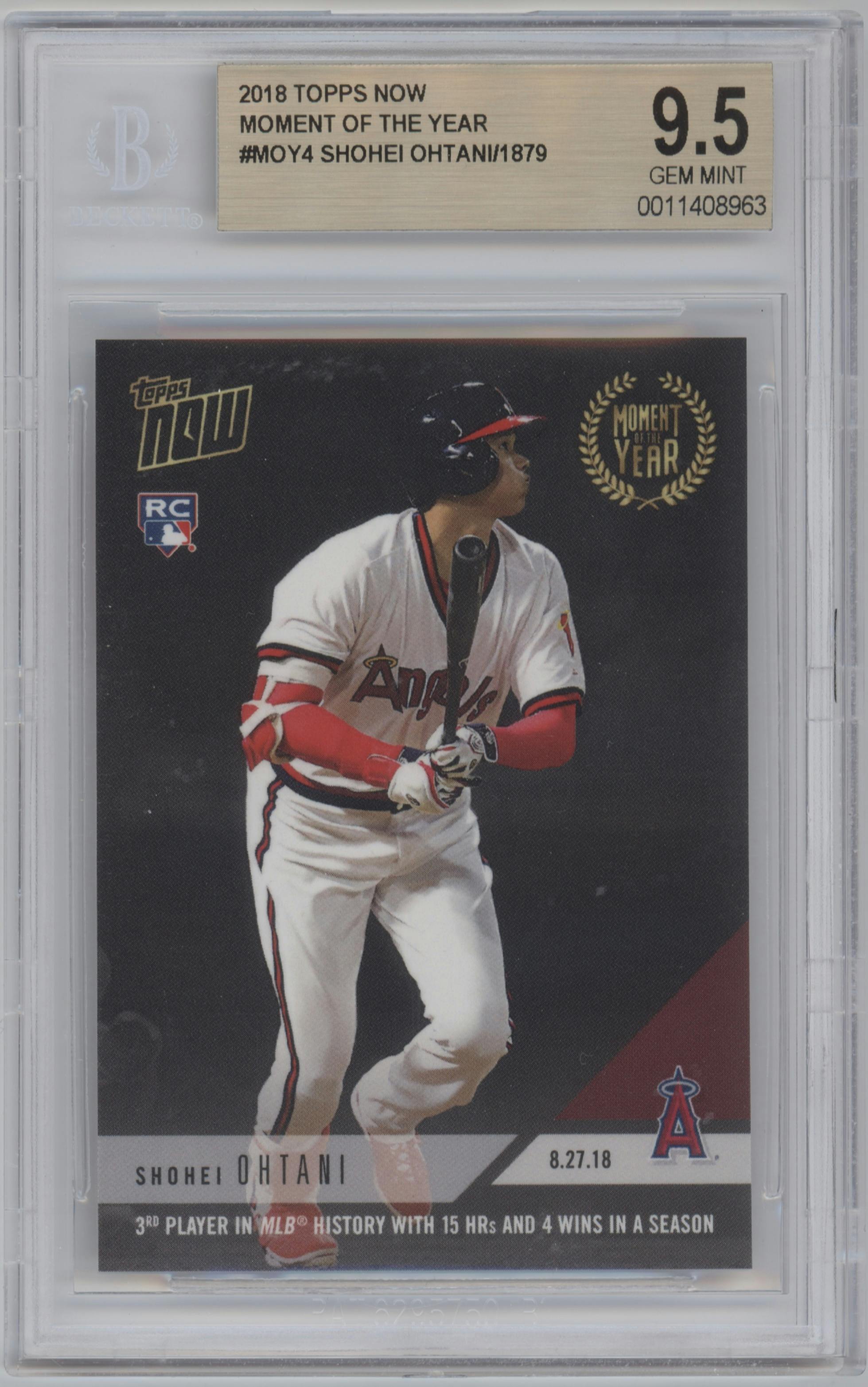 Shohei Ohtani from the 2018 Topps Now Moment of the Week set graded by Beckett and given an overall grade of 9.5.