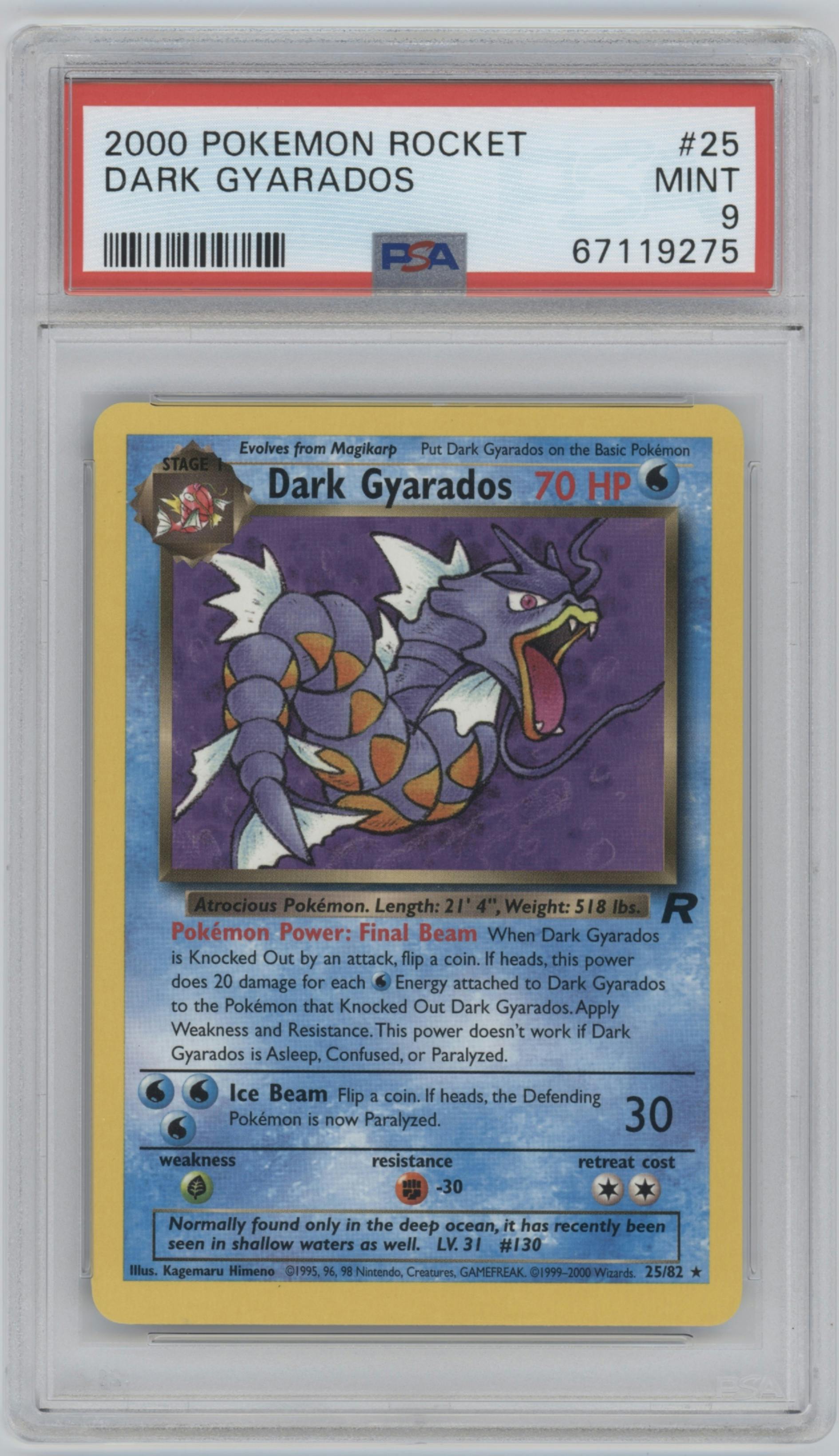 Dark Gyarados from the 2000 Pokemon set graded by PSA and given an overall grade of 9.