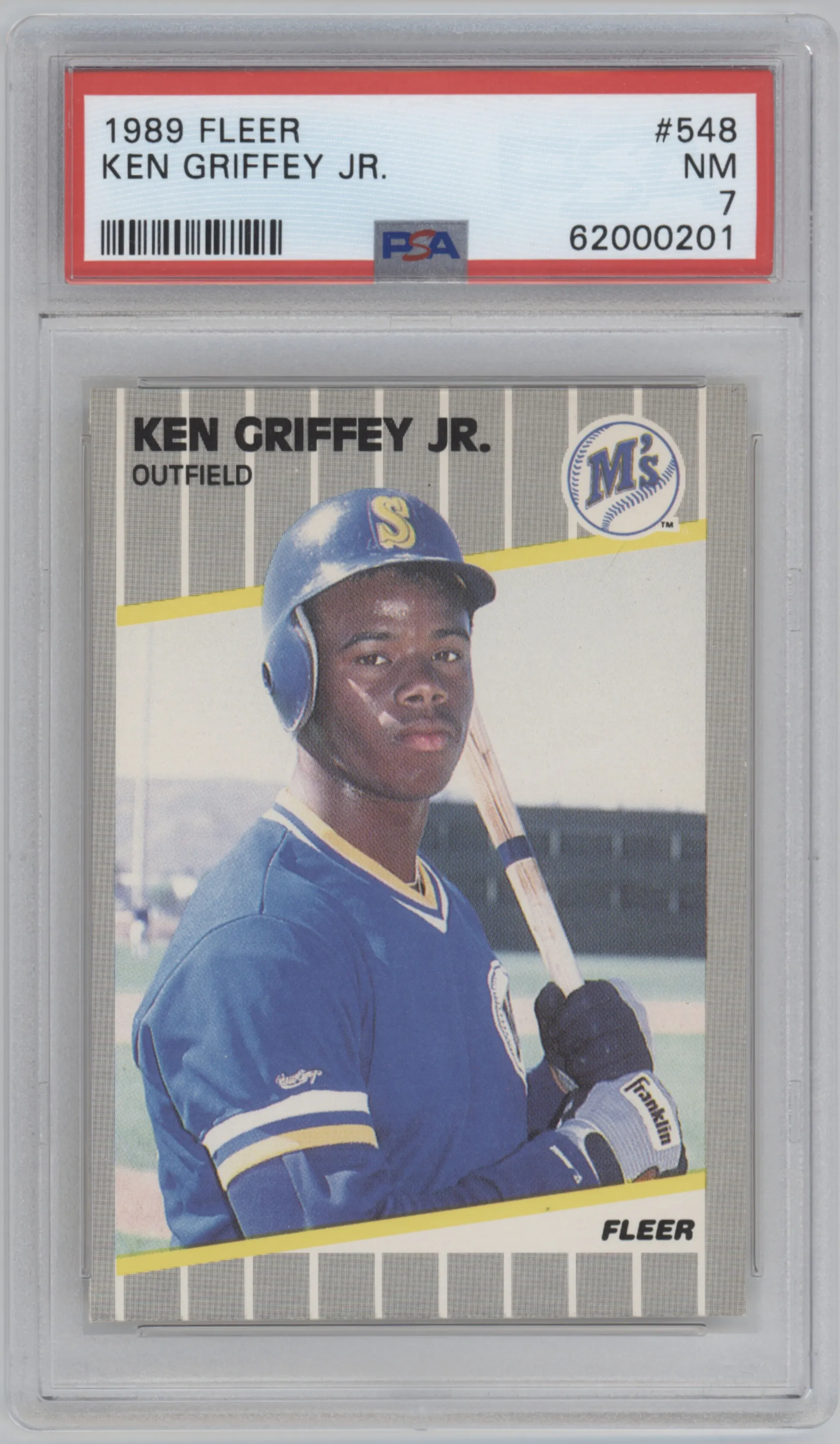 Ken Griffey Jr. from the 1989 Fleer set graded by PSA and given an overall grade of 7.