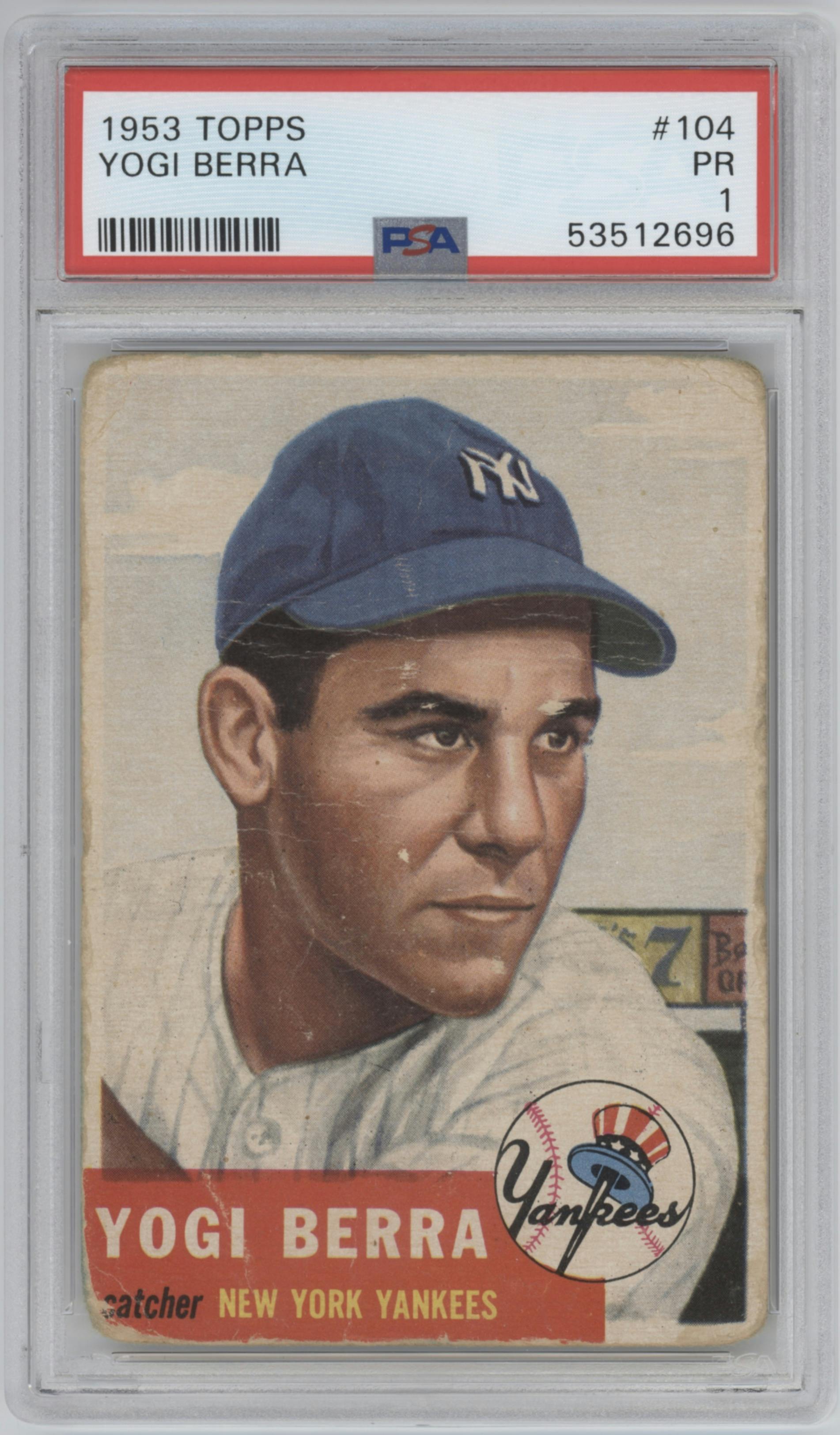 Yogi Berra from the 1953 Topps set graded by PSA and given an overall grade of 1.