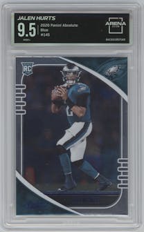 Jalen Hurts from the 2020 Panini Absolute set featuring a Blue parallel graded by Arena Club and given an overall grade of 9.5.