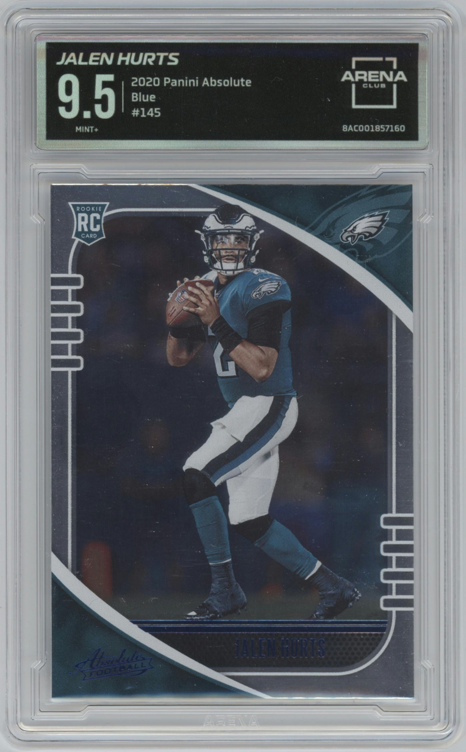 Jalen Hurts from the 2020 Panini Absolute set featuring a Blue parallel graded by Arena Club and given an overall grade of 9.5.