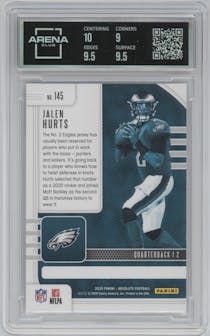 Jalen Hurts from the 2020 Panini Absolute set featuring a Blue parallel graded by Arena Club and given an overall grade of 9.5.