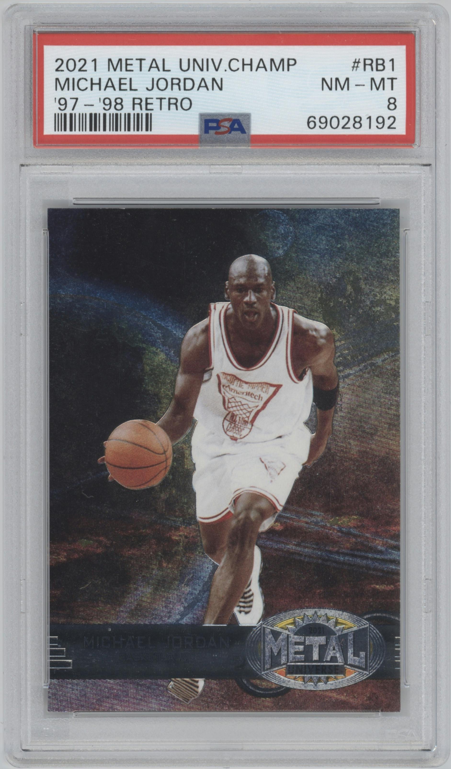 Michael Jordan from the 2021 Skybox Metal Universe Champions Multi-Sport set graded by PSA and given an overall grade of 8.