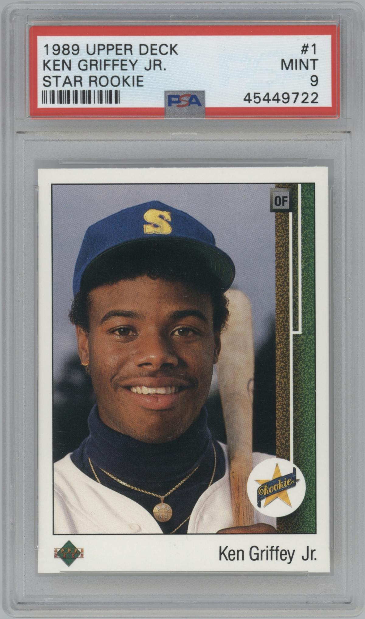 Ken Griffey Jr. from the 1989 Upper Deck set graded by PSA and given an overall grade of 9.