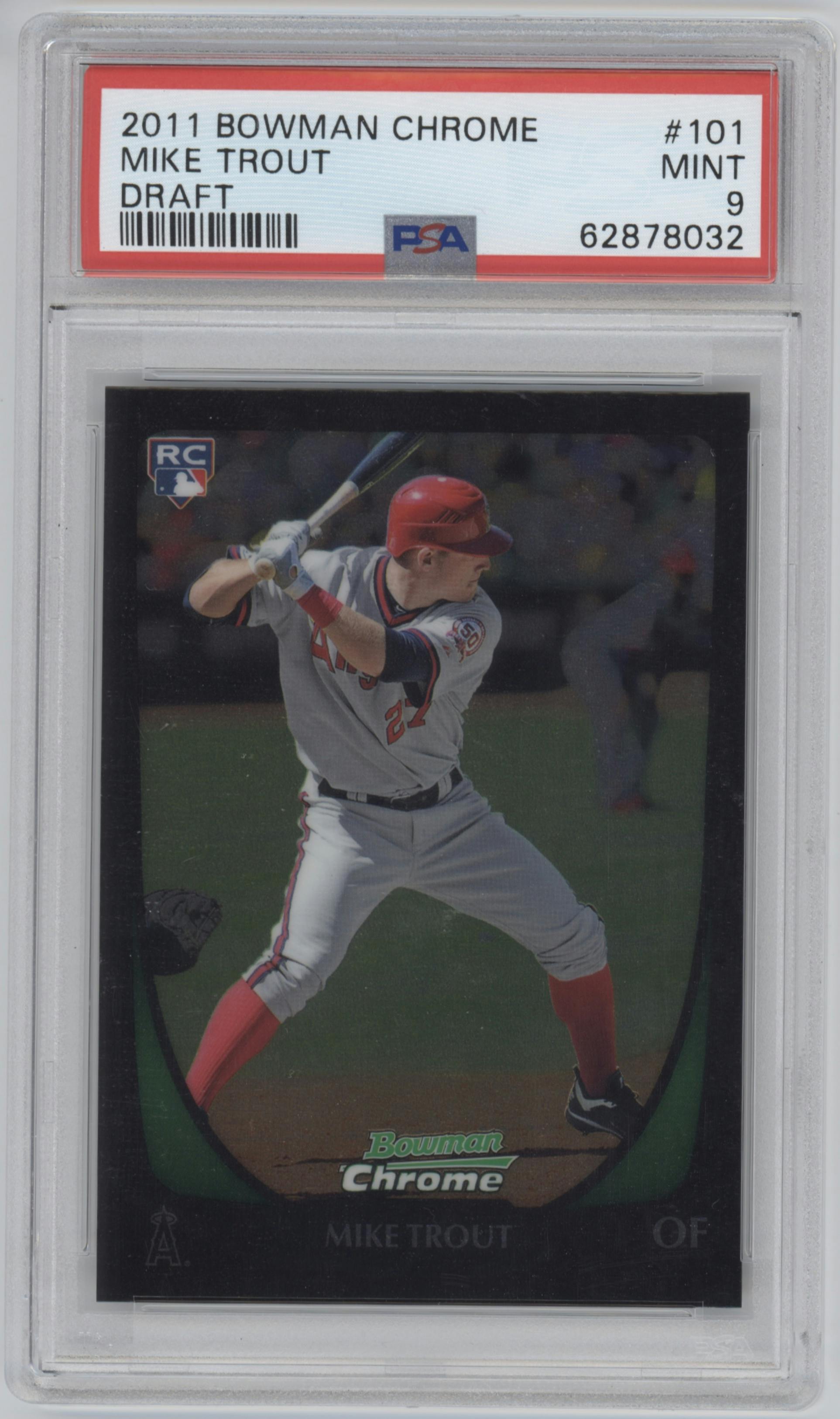Mike Trout from the 2011 Bowman Chrome Draft set graded by PSA and given an overall grade of 9.