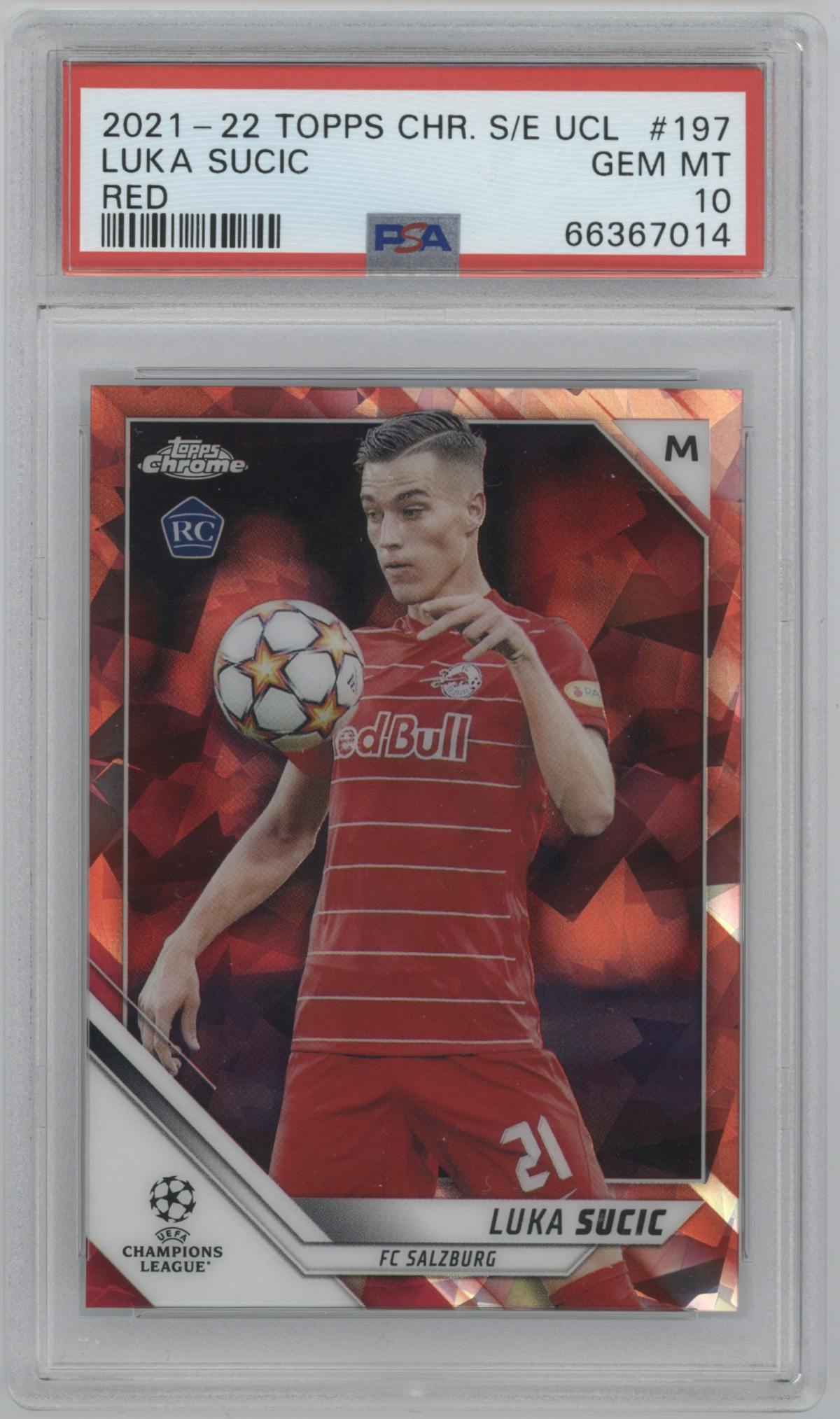 Luka Sucic from the 2021-22 Topps Chrome S/E UEFA CL set featuring a Red parallel graded by PSA and given an overall grade of 10.