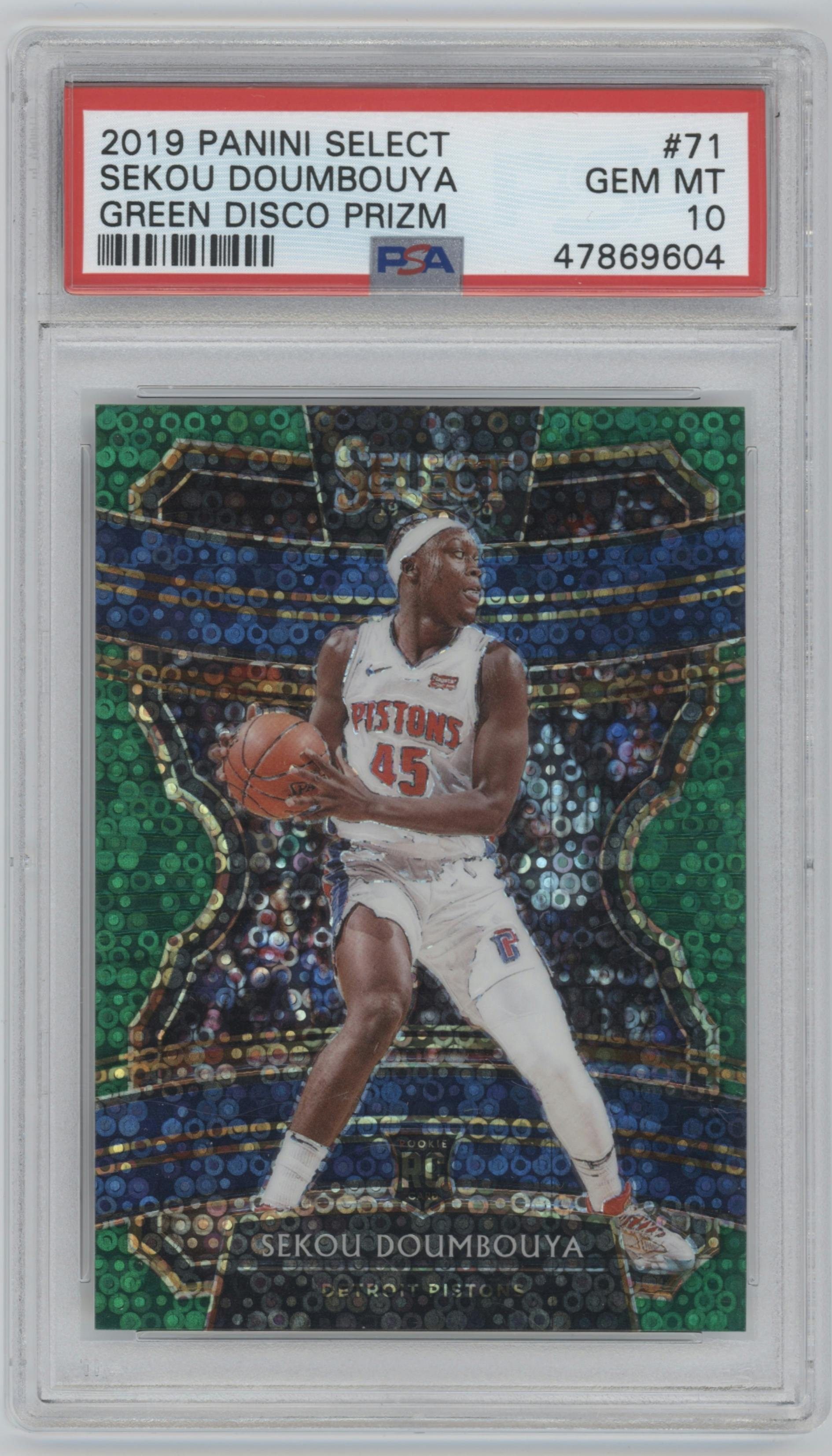Sekou Doumbouya from the 2019-20 Panini Select set featuring a Green Disco Prizm  parallel graded by PSA and given an overall grade of 10.